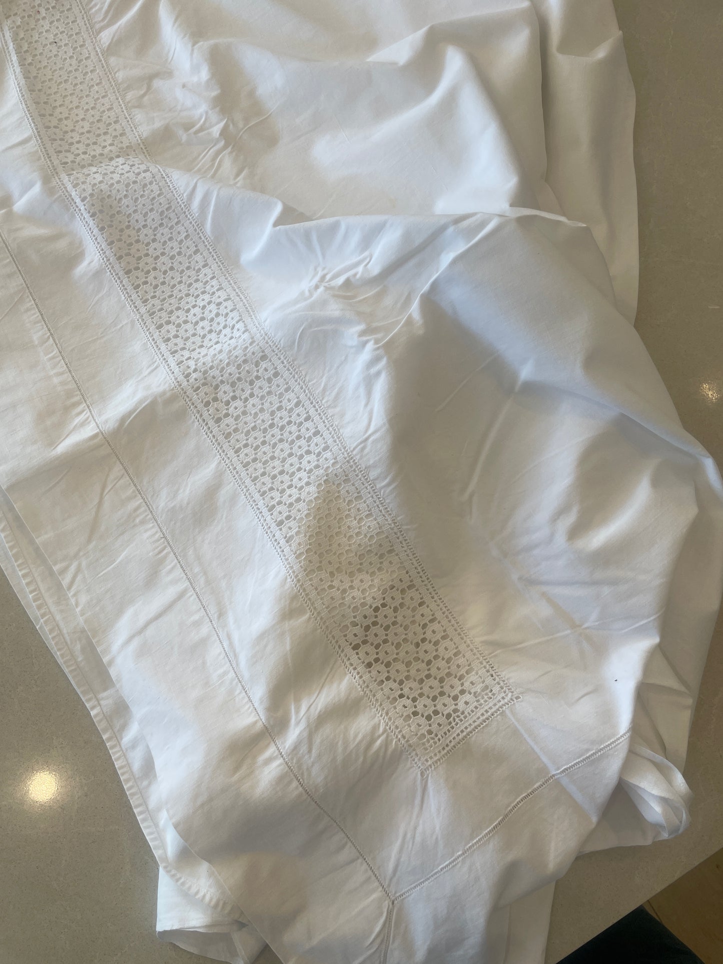 Hand worked heirloom lace insert cotton sheet
