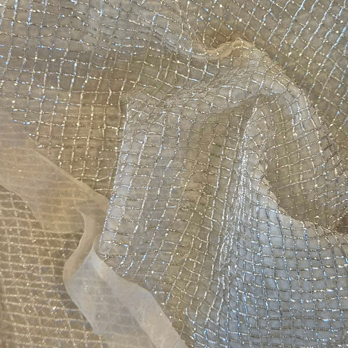 30cm Silver Metallic cord embroidered silk organza