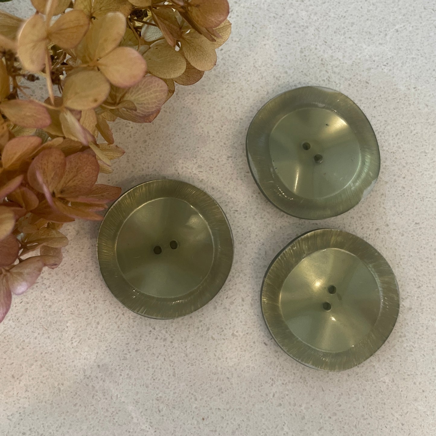 3 vintage green coat buttons