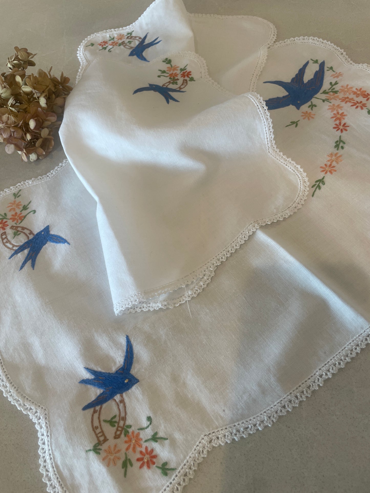 Set of 3 vintage embroidered blue bird doilies