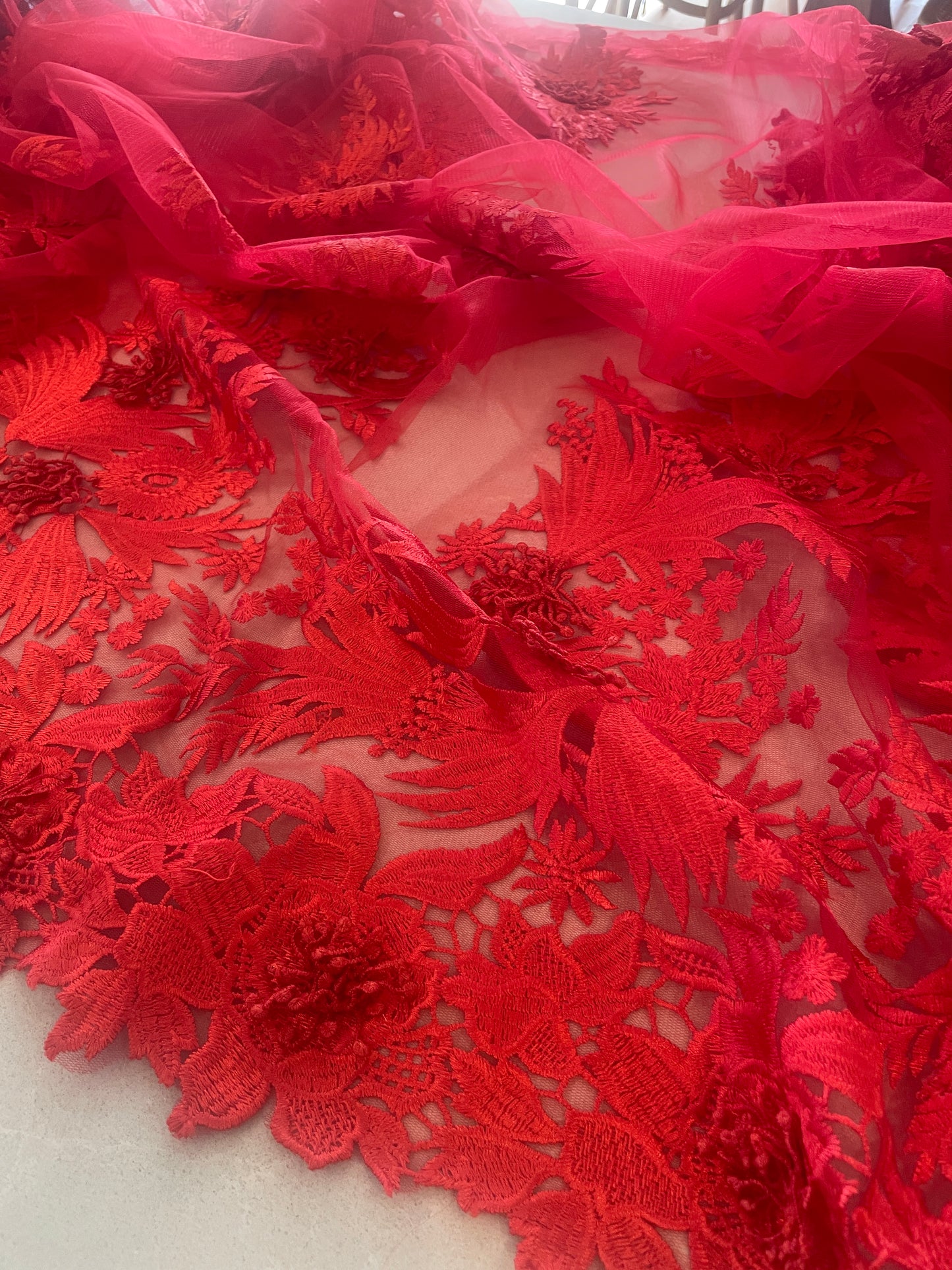 2m red 3D embroidered tulle lace