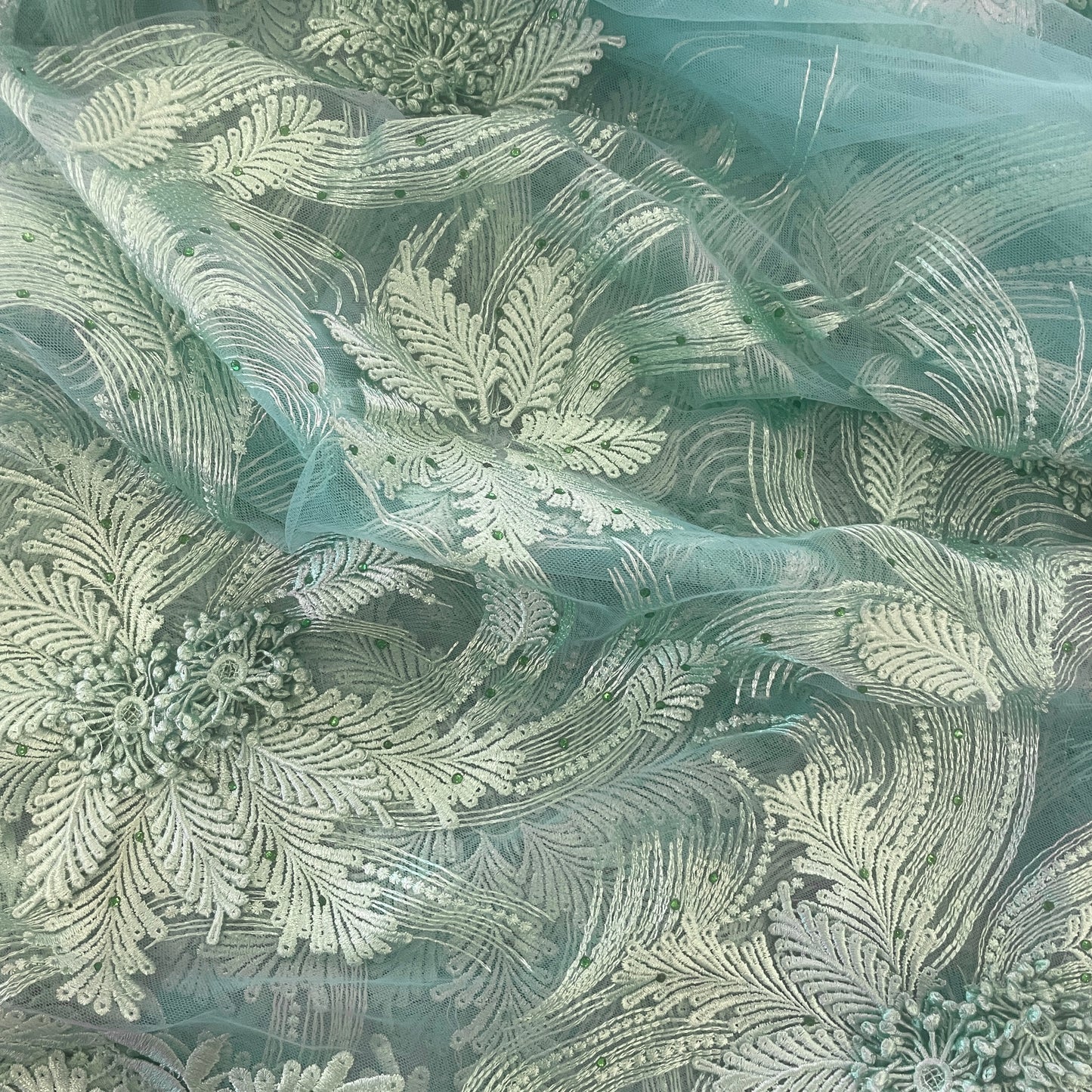 3.3m mint green 3D embroidered diamante tulle