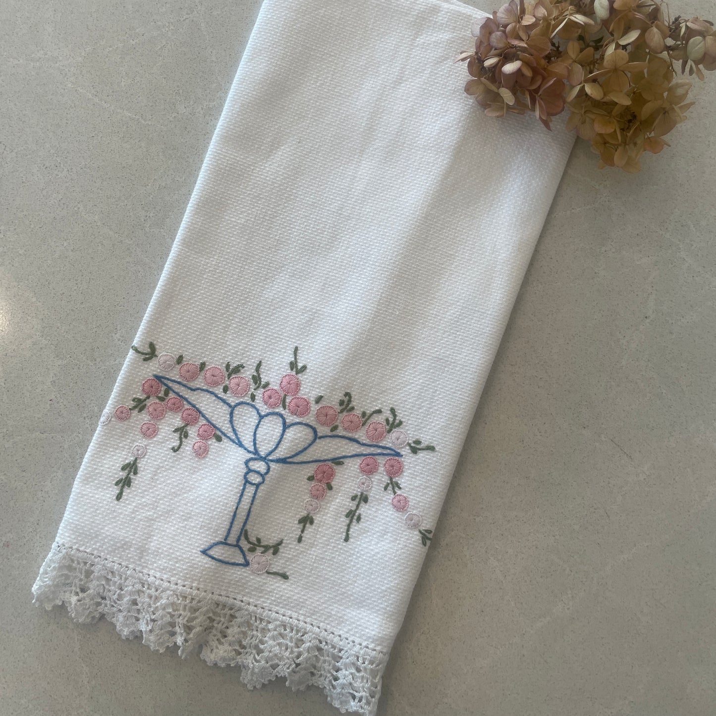 Vintage floral fountain embroidered linen hand towel