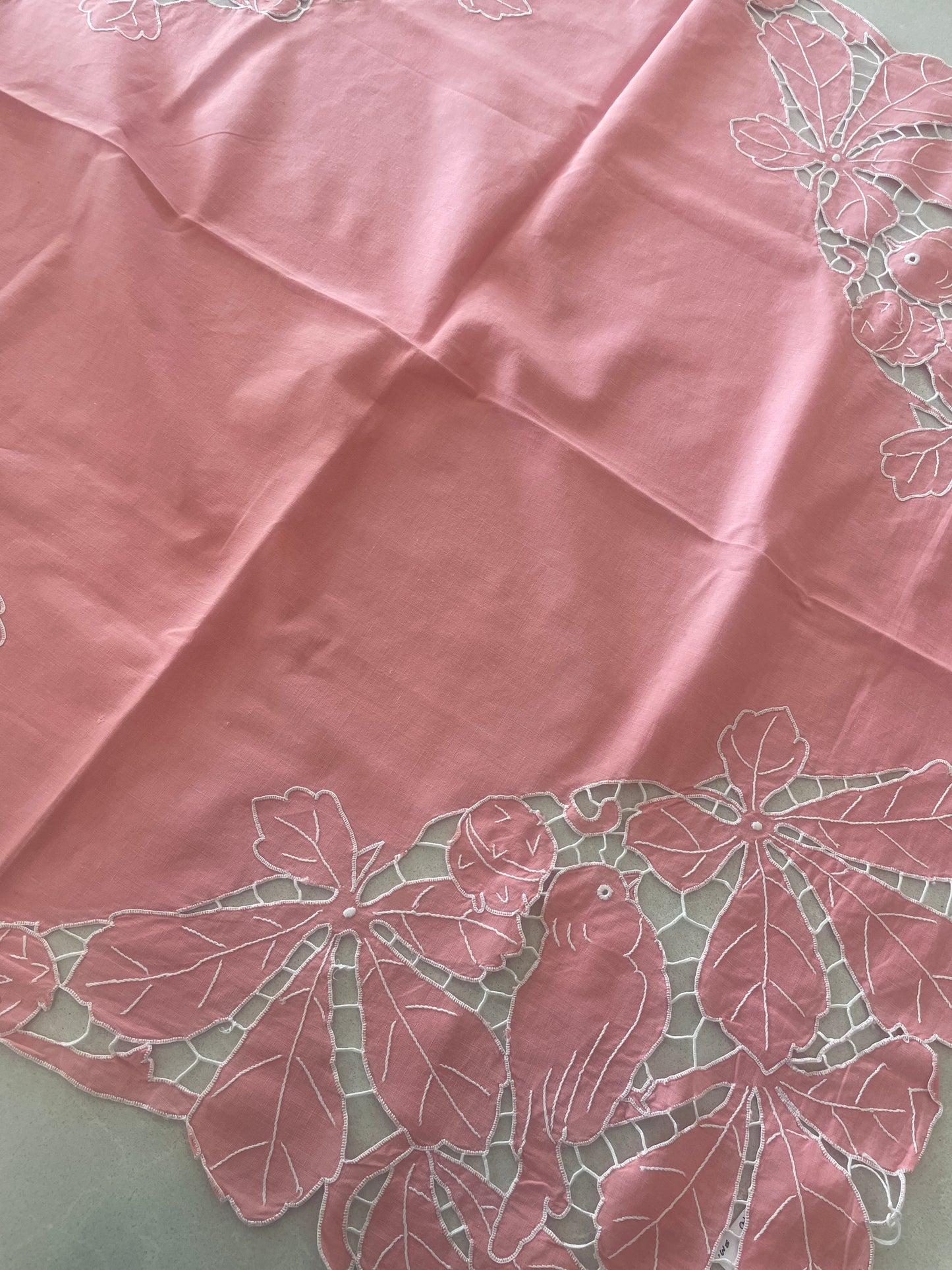 vintage pink birds cut work tea cloth