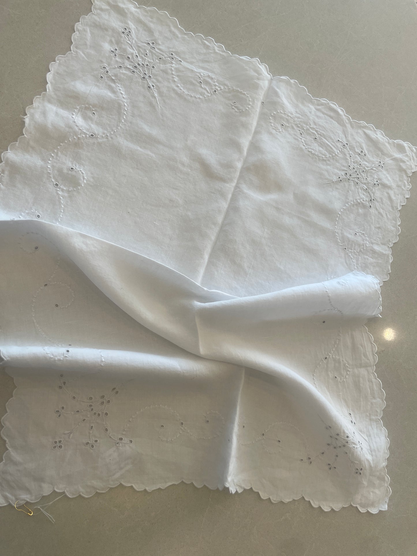 Vintage linen hand embroidered cut work table centre