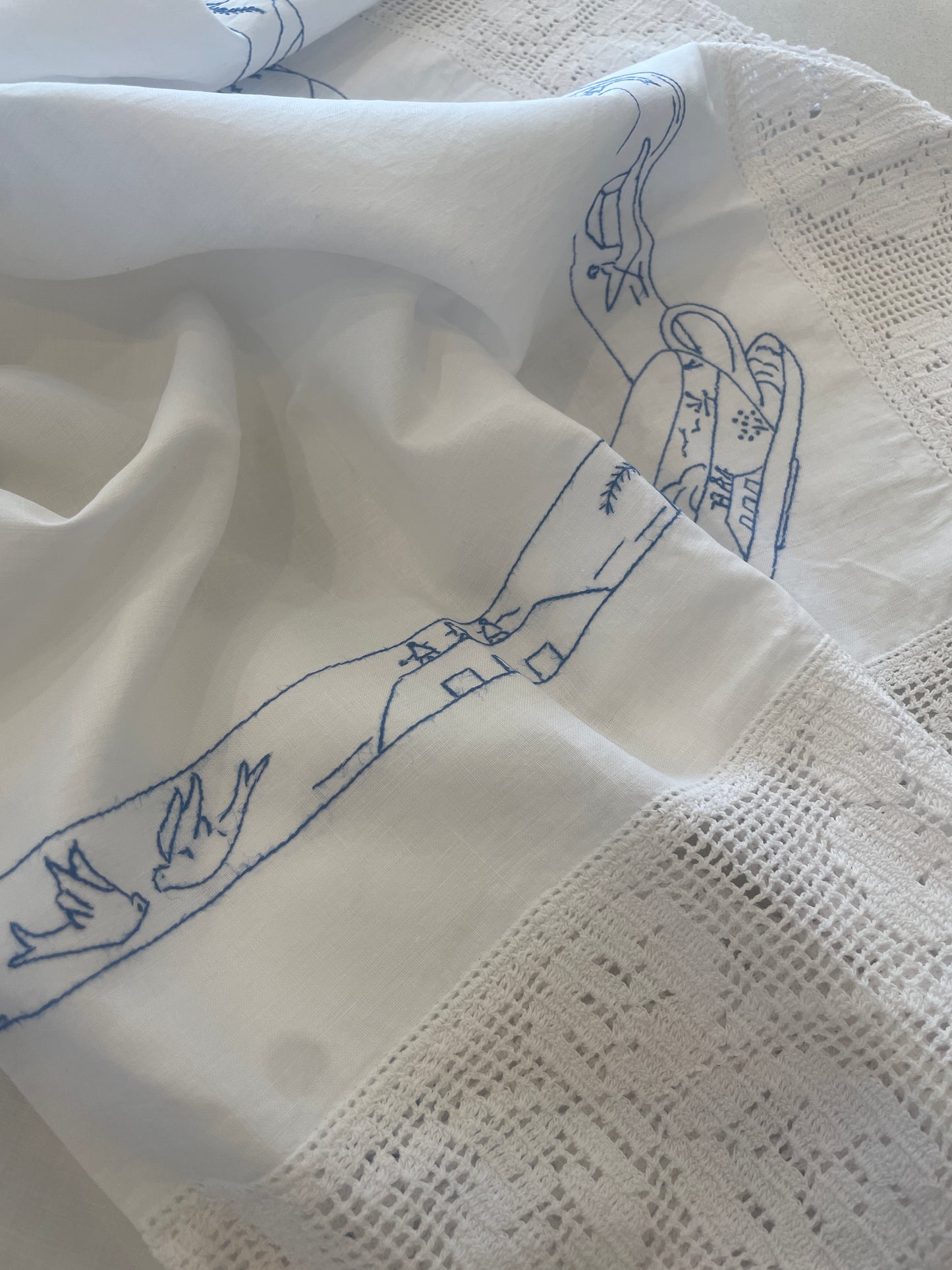 Blue birds hand embroidered tea cloth
