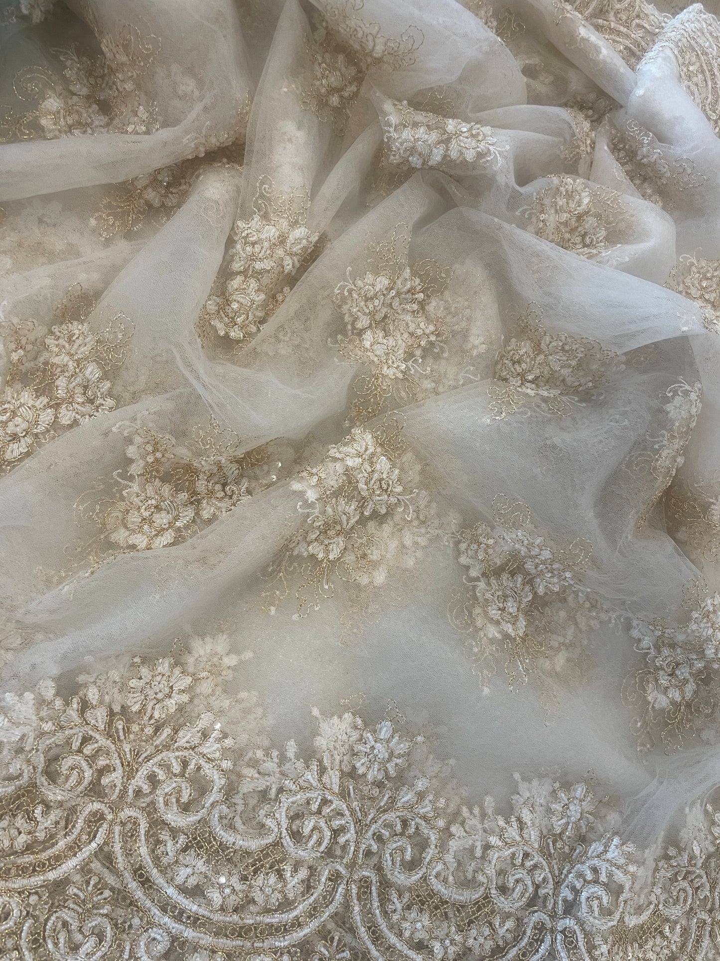 4.6m white and gold beaded embroidered tulle