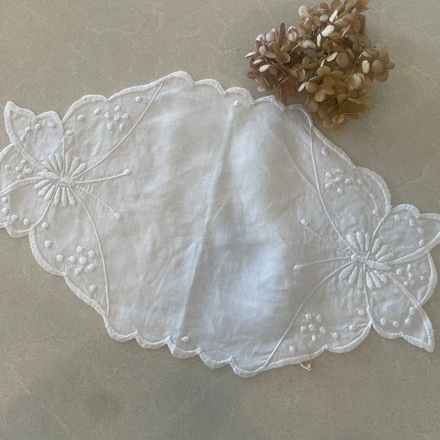 Antique white work embroidered butterflies table centre