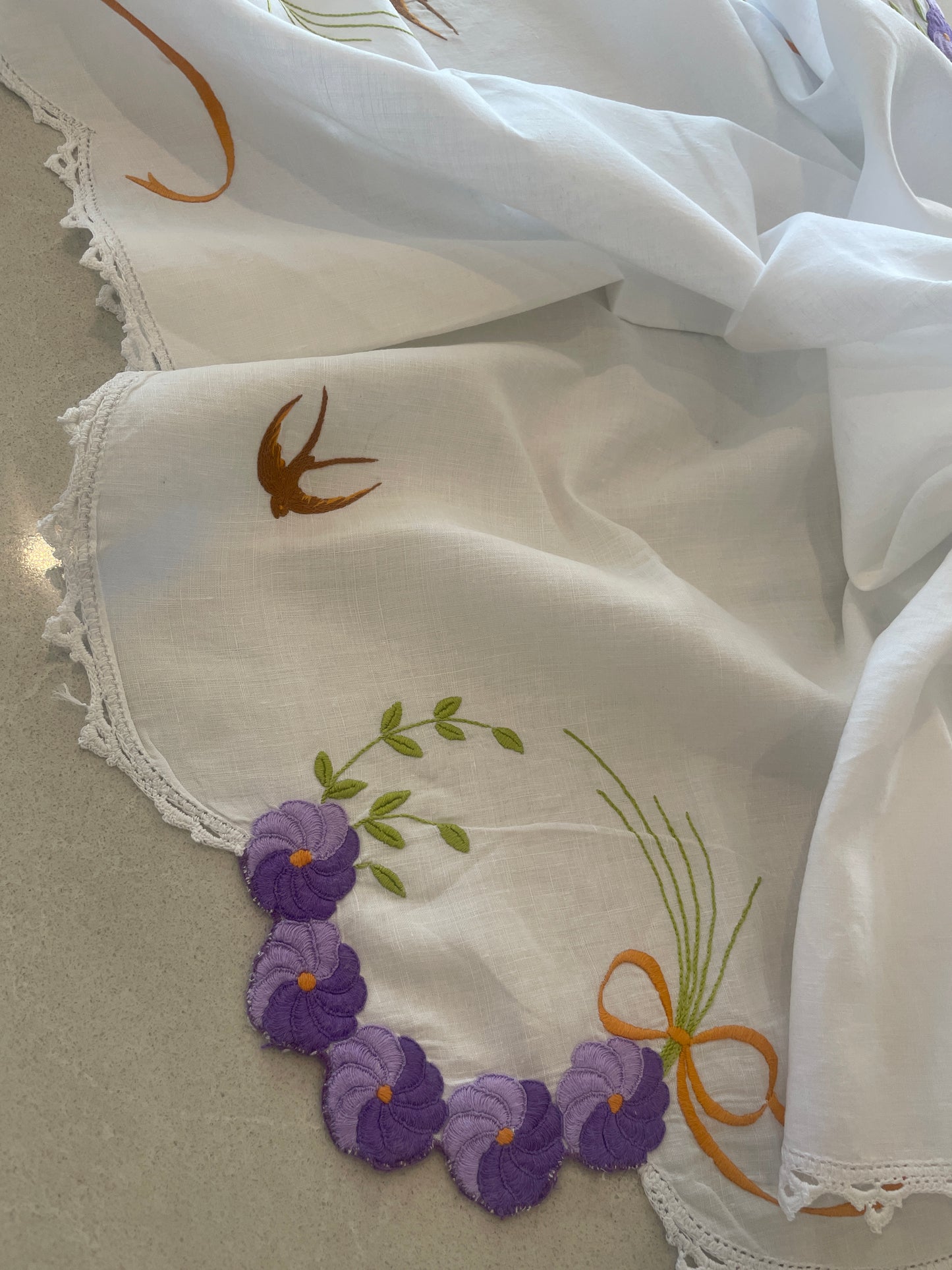 purple pansies hand embroidered table cloth