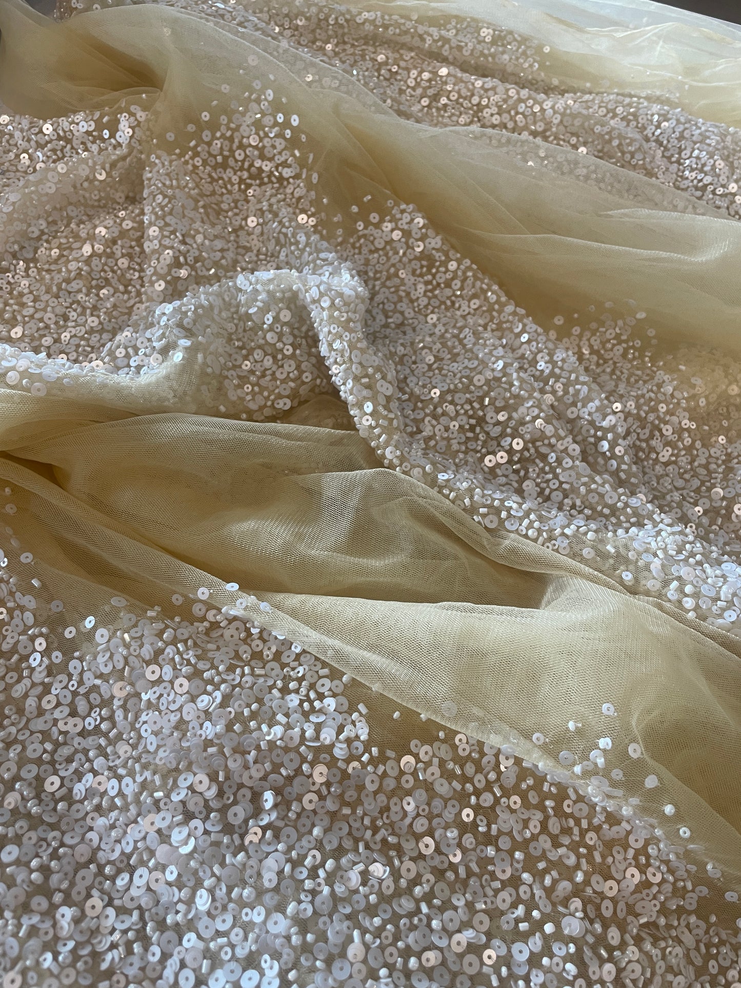 2.6m beaded and sequinned butter lemon tulle