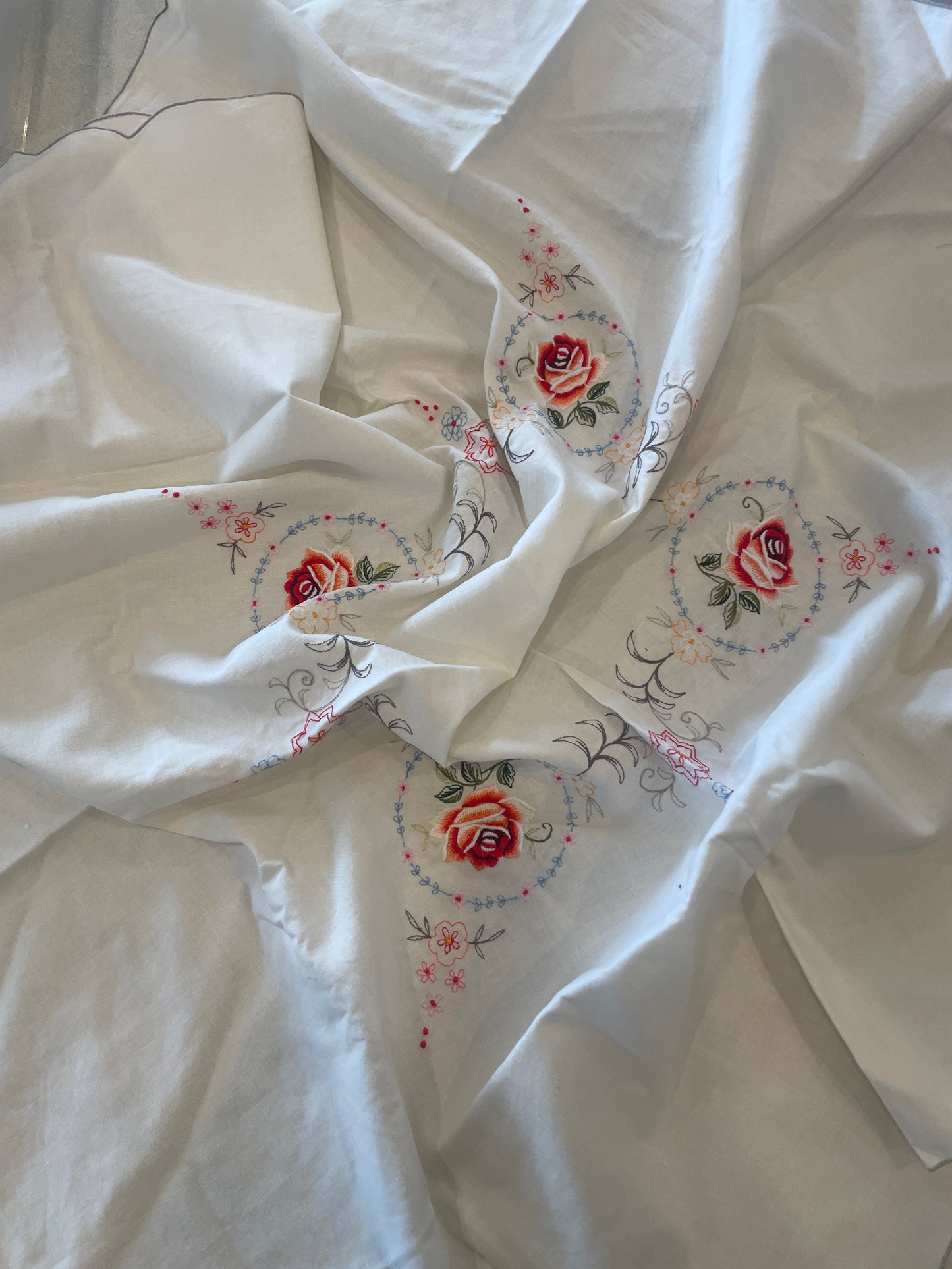 pretty machine embroidered tea cloth
