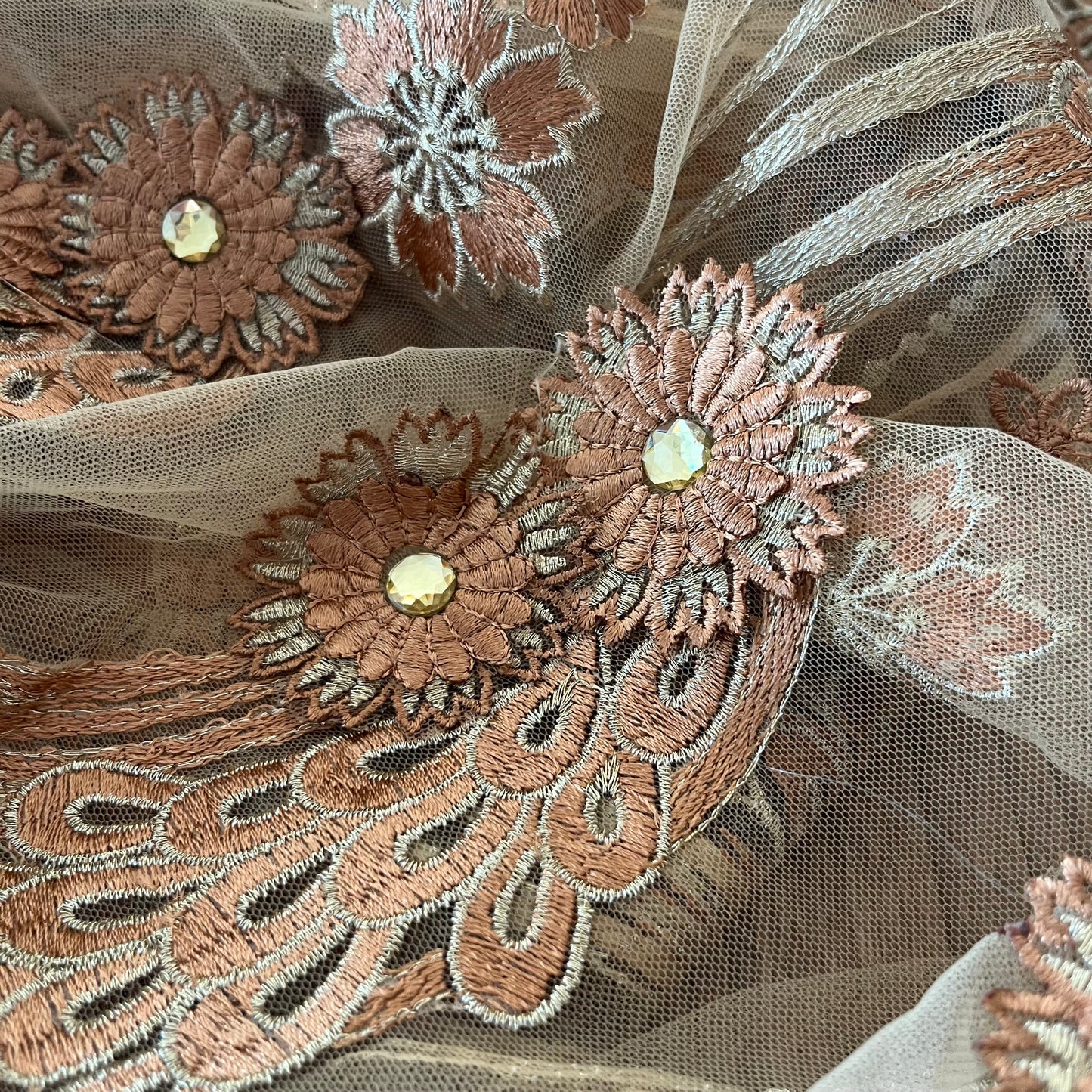 1.9m Teracotta 3D Embroidered Diamanté Mesh poly Lurex