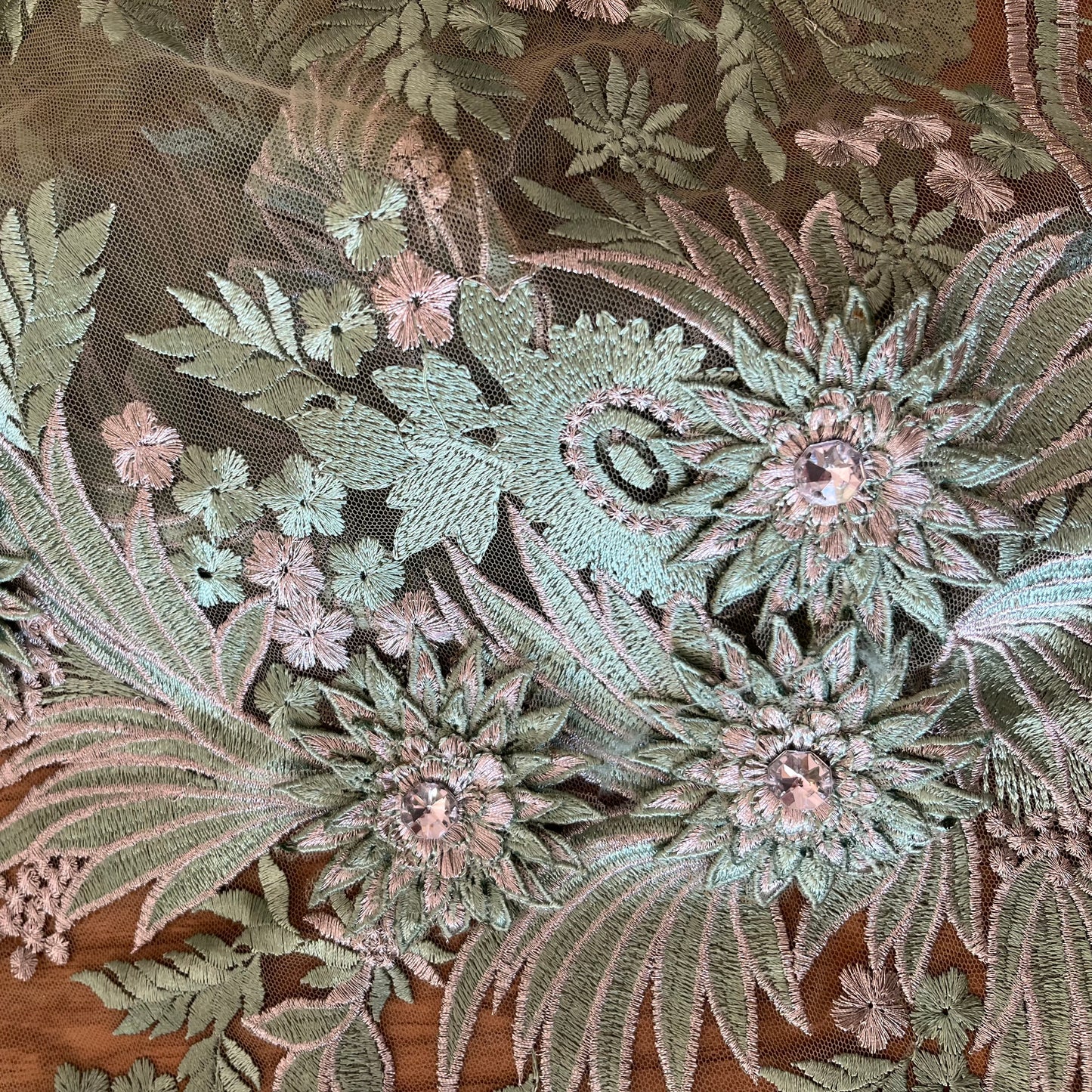 1.8m Sage and Silver embroidered 3D mesh with diamantés poly lurex