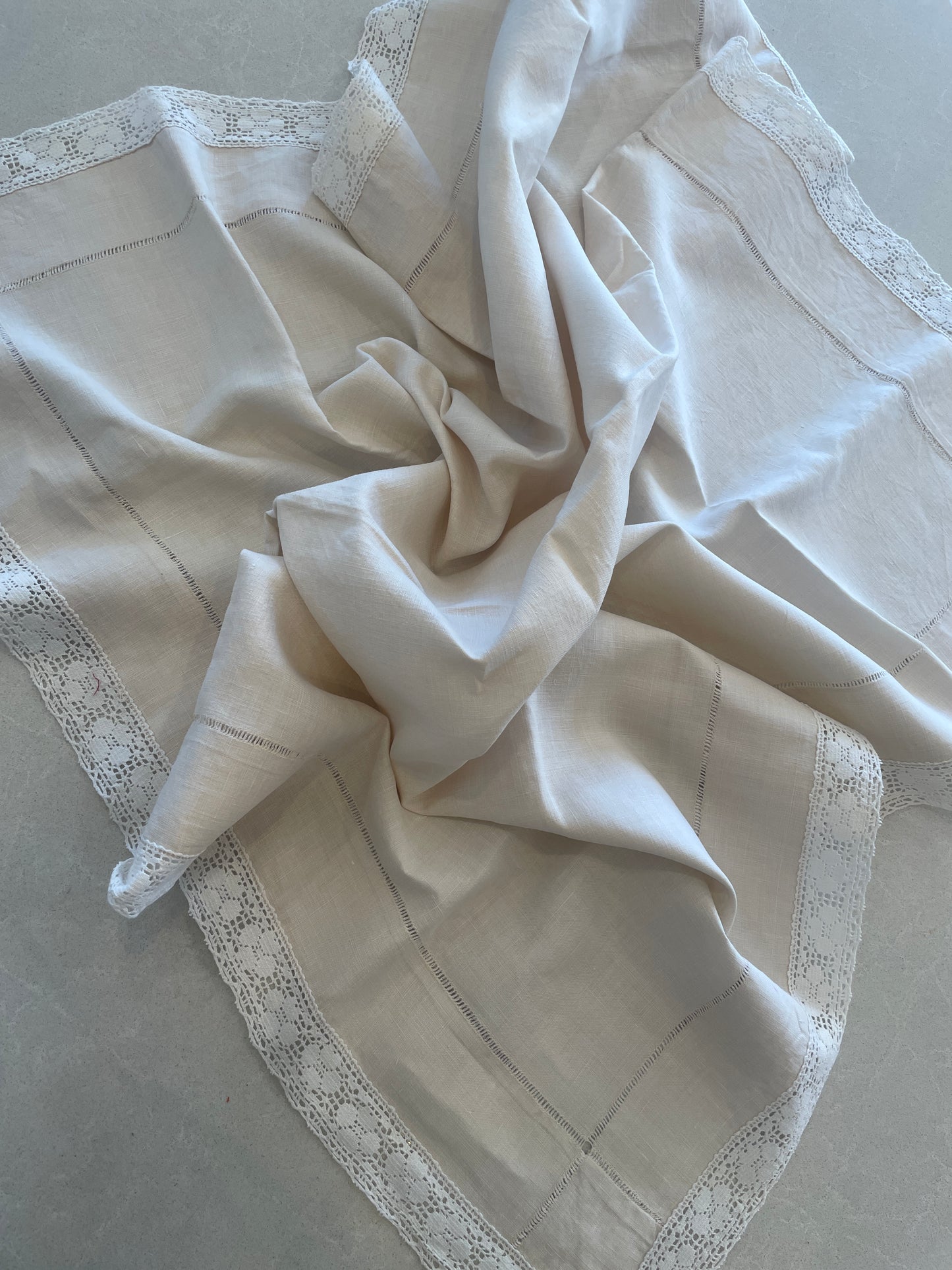 cream linen heirloom stitches crochet edge cloth