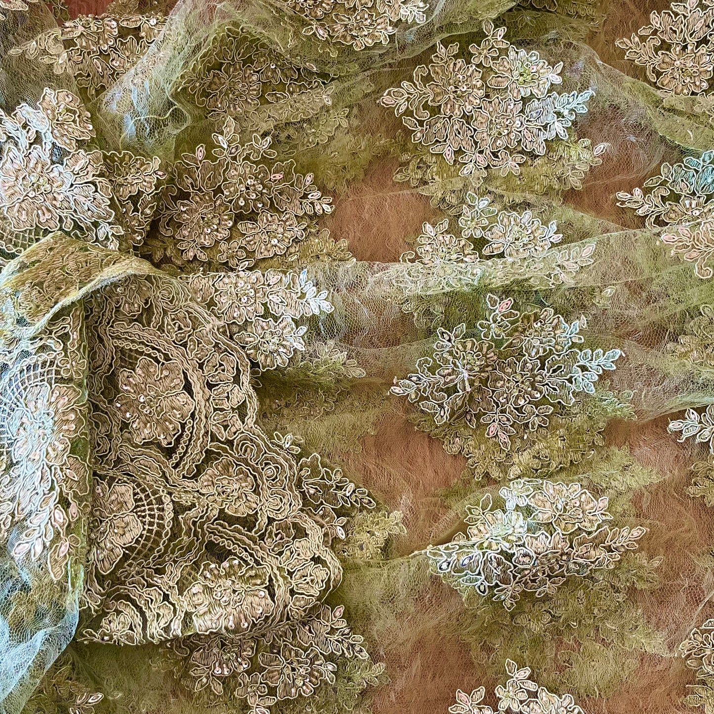 3.8m sage green corded beaded lace poly + glass