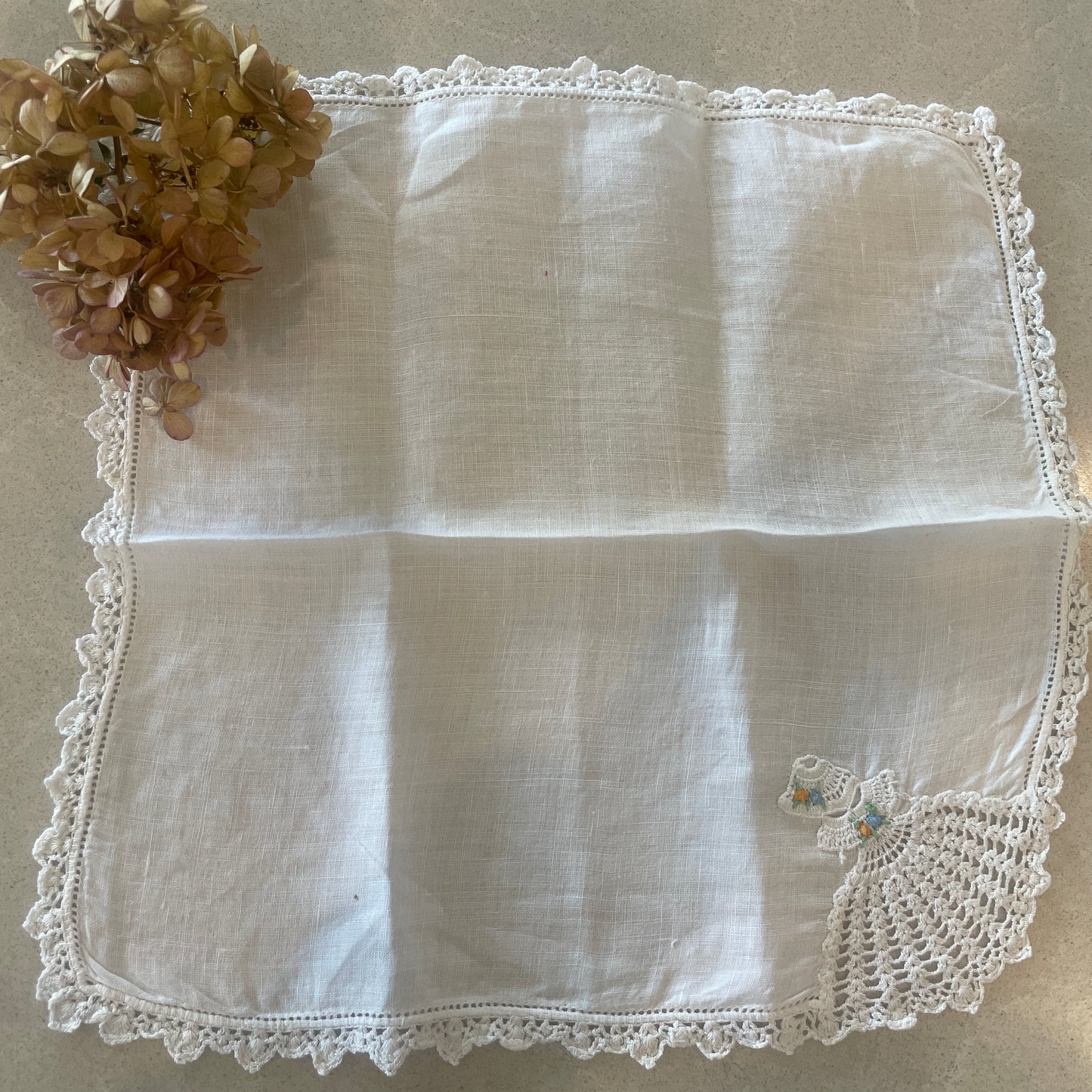 vintage linen handkerchief crinoline lady crochet edging