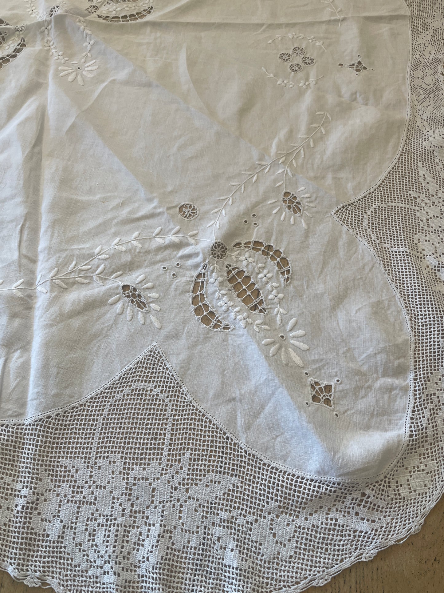 Beautiful antique cut work cloth with crochet edge