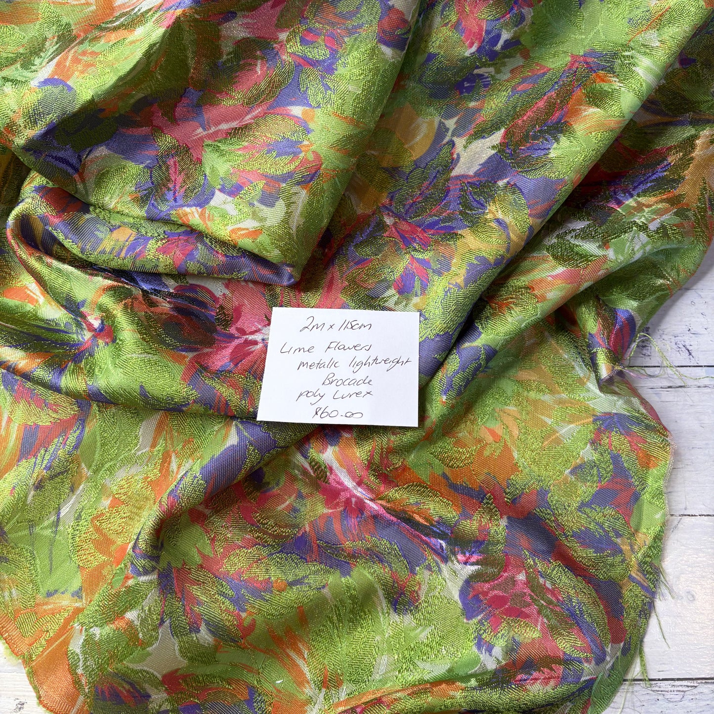 2m Lime Flowers Metallic Brocade