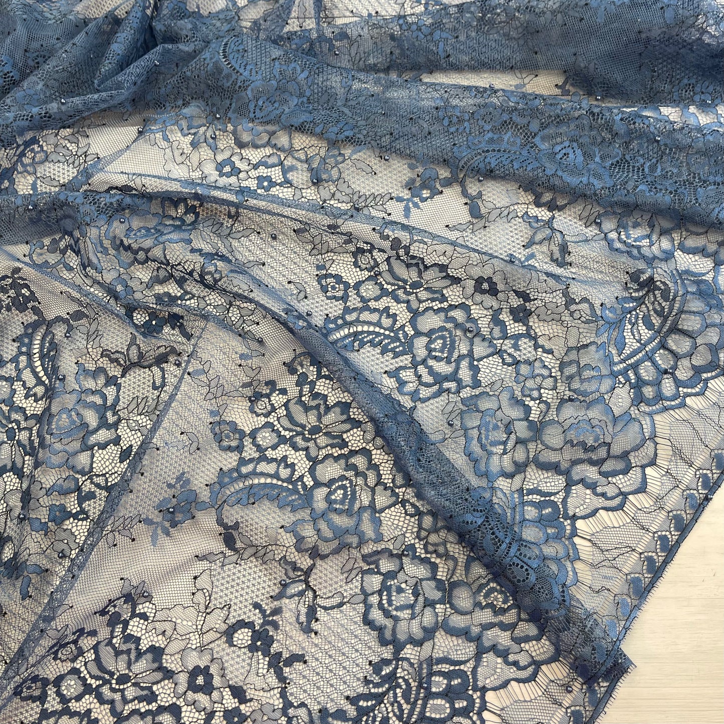 Denim Blue Pearl Studded Lace Panel