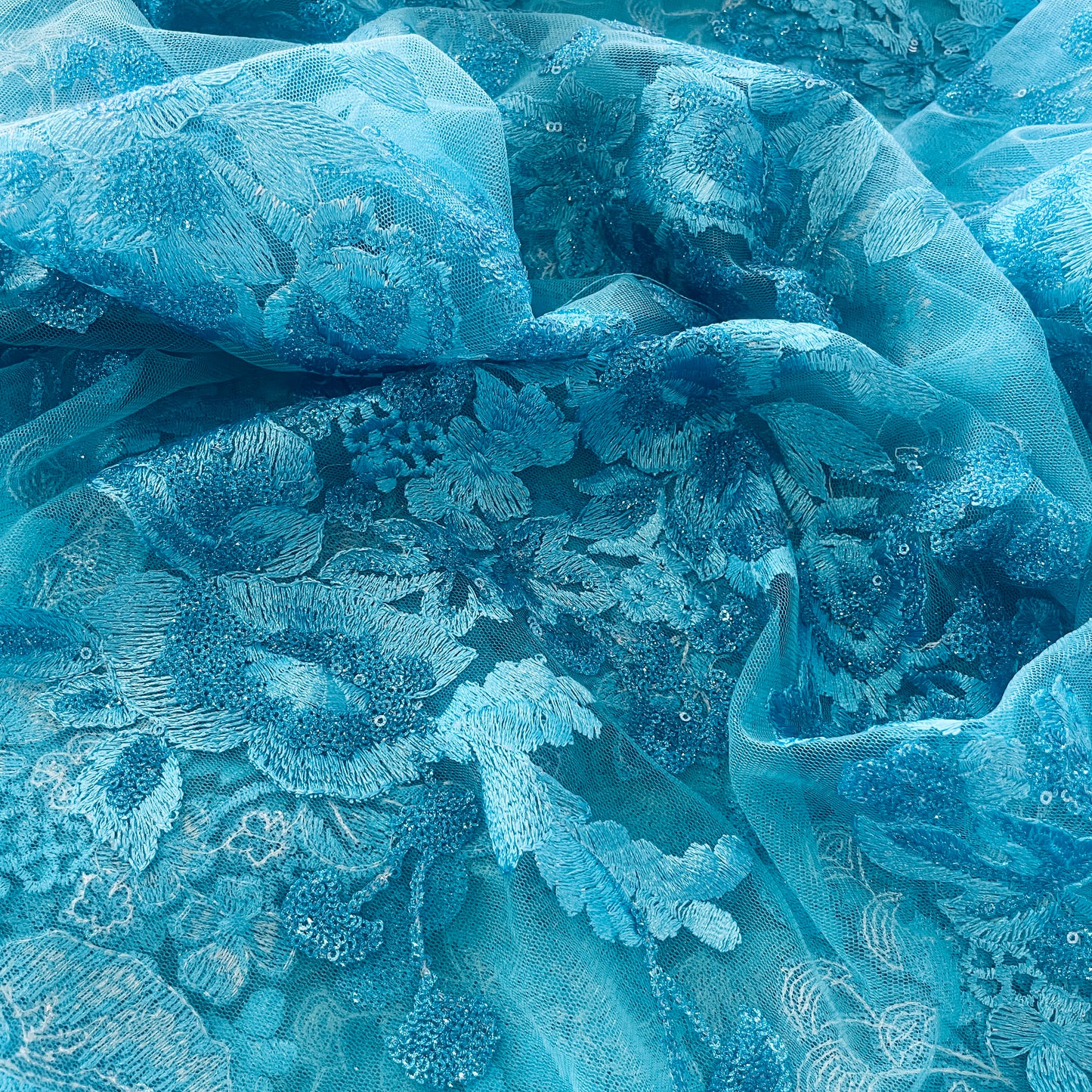 90cm aqua embroidered sequin tulle