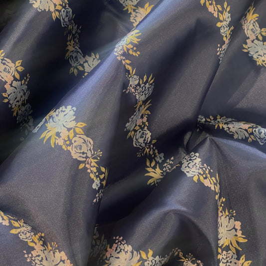 Trocadero blue floral stripe stretch satin