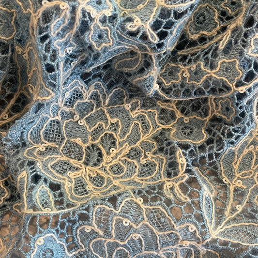 Tilly delft blue wool embroidered sequin Guipure Lace