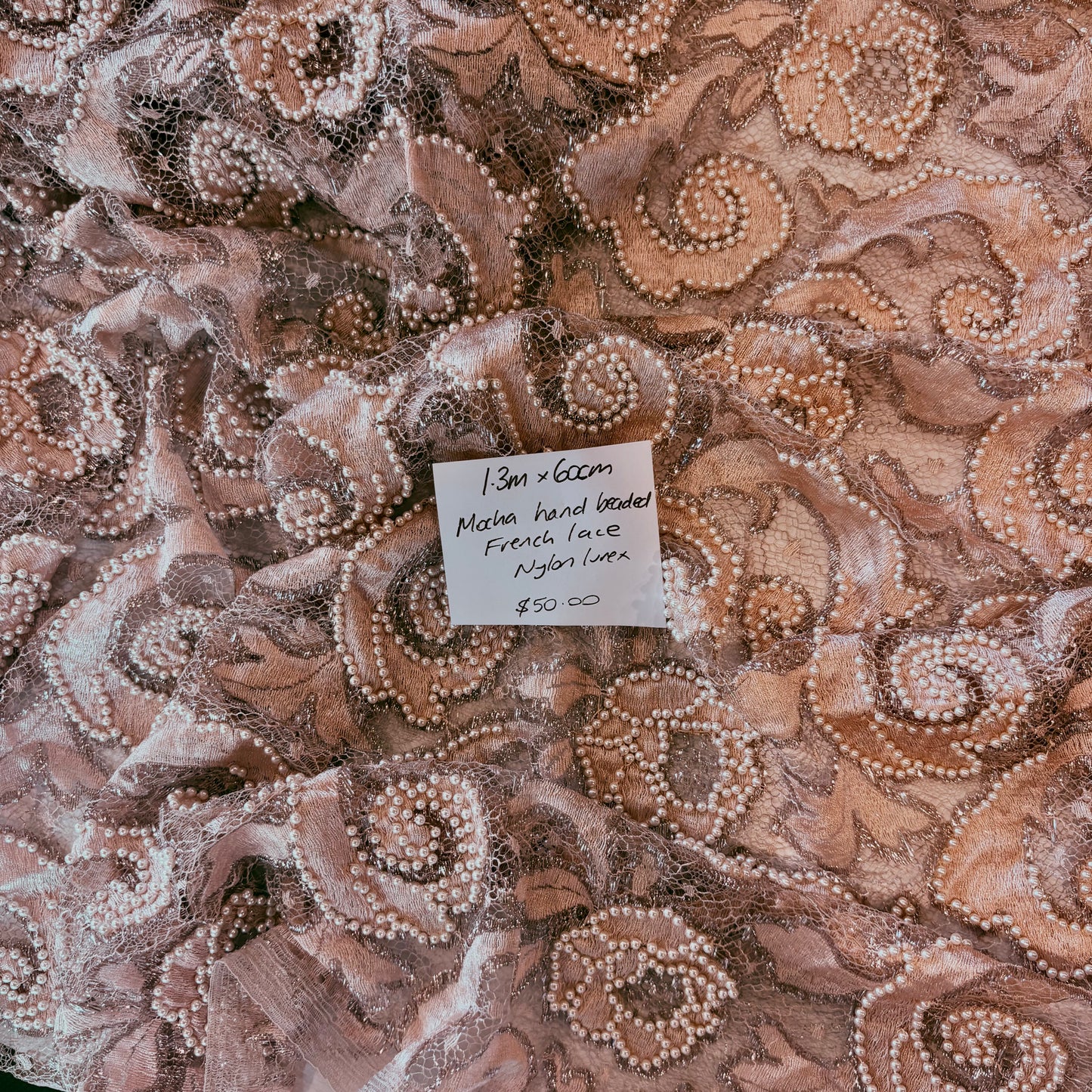 1.3m Mocha Hand Beaded French Lace