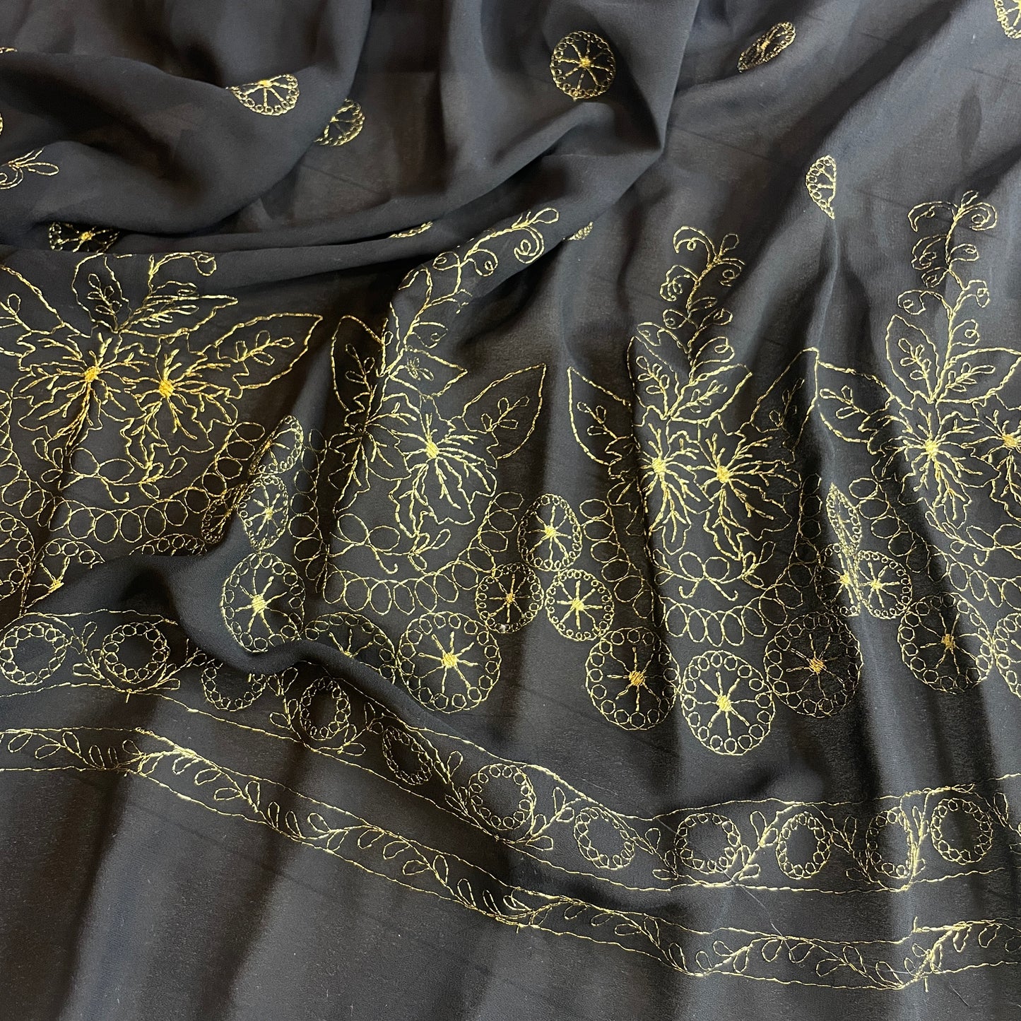 Gold leaves embroidered double georgette