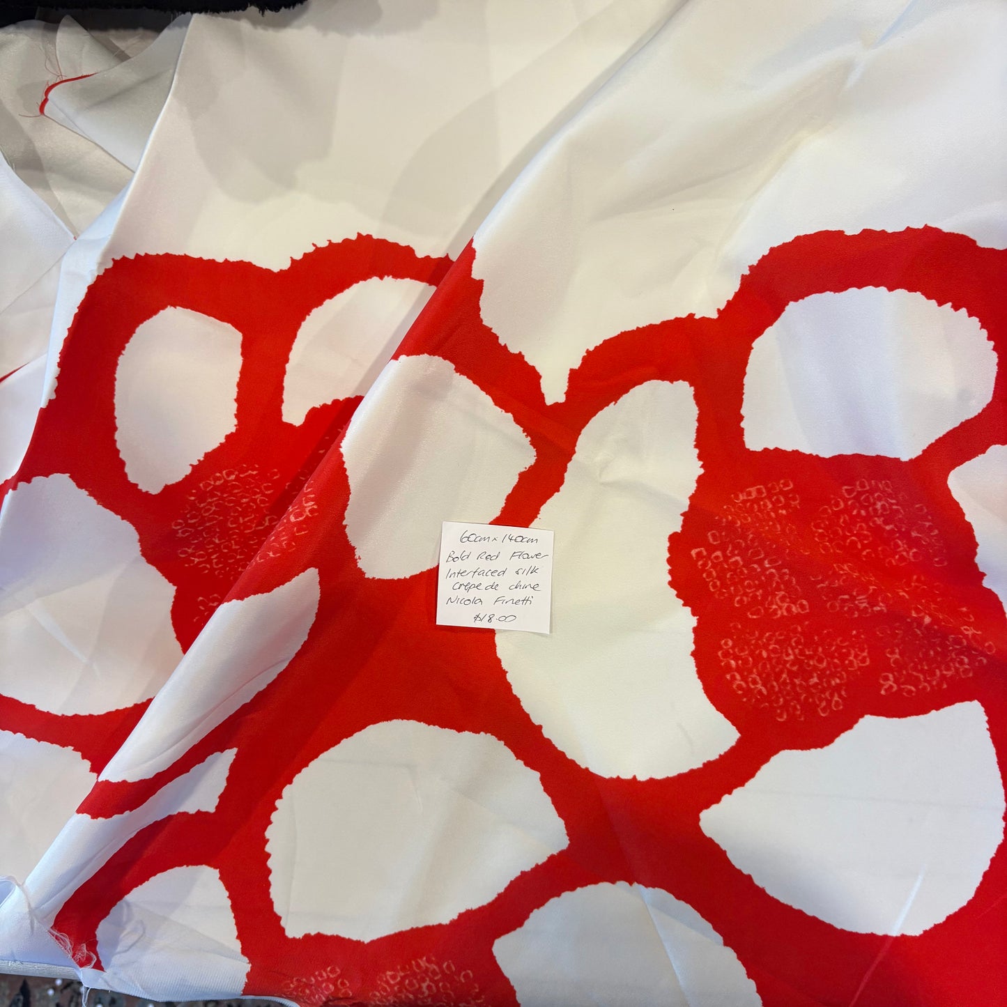60cm Bold Red Flower Interfaced Silk Crepe De Chine