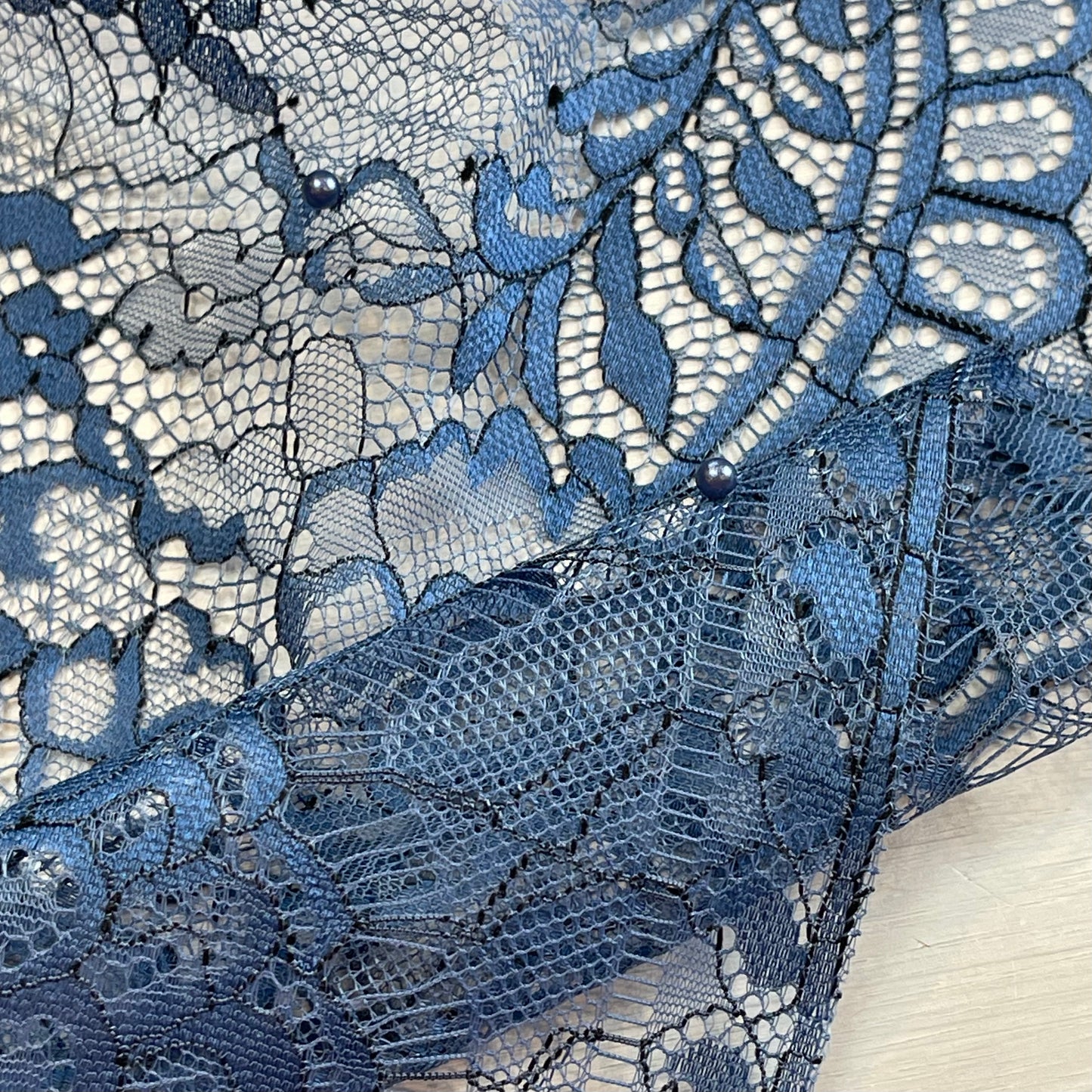 Denim Blue Pearl Studded Lace Panel