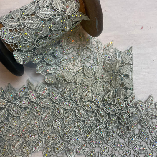 Sage leaves diamanté crystal Guipure Trim