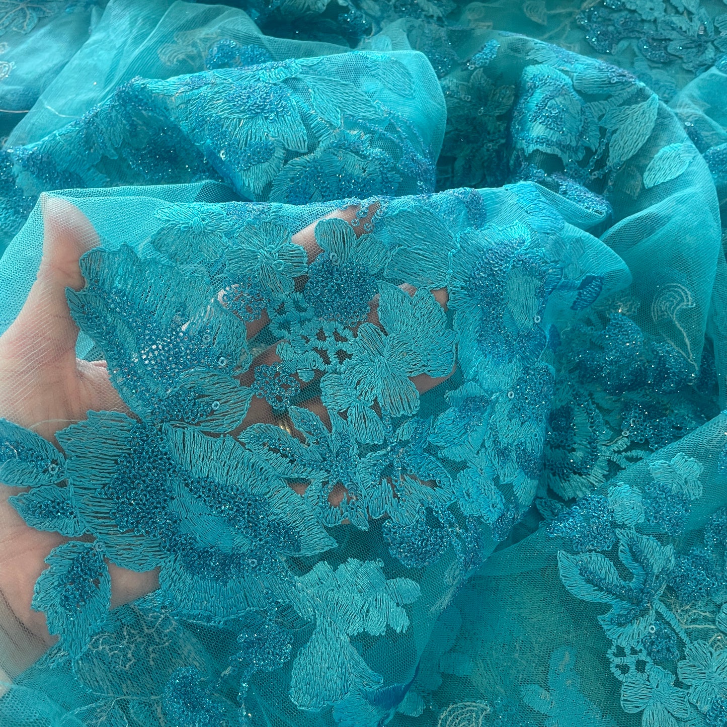 90cm aqua embroidered sequin tulle