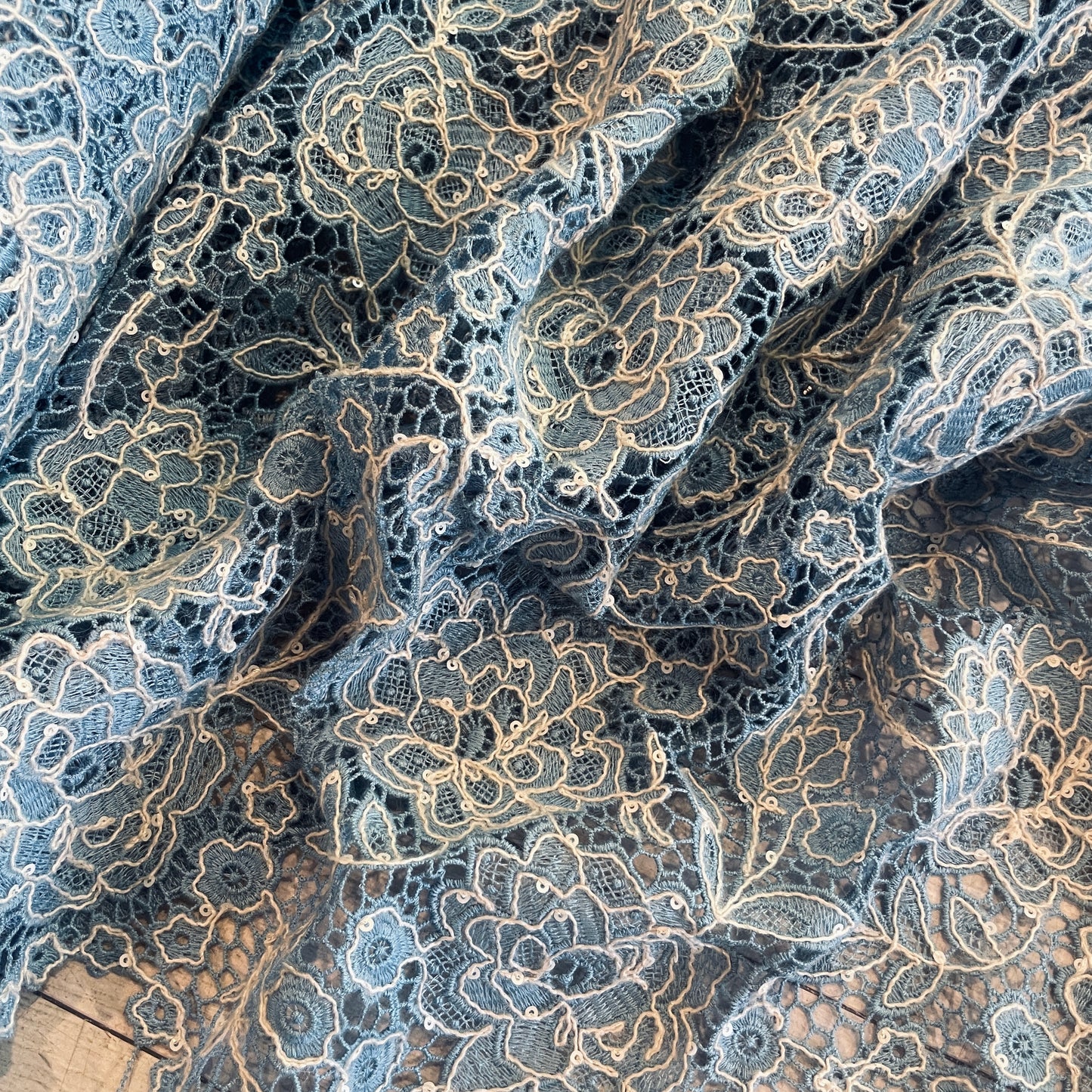 Tilly delft blue wool embroidered sequin Guipure Lace