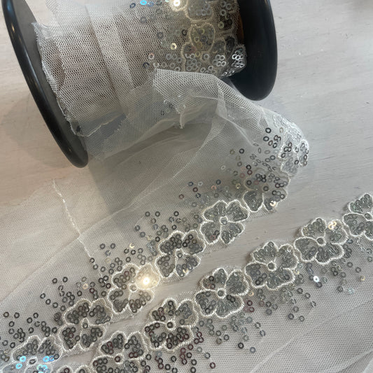 9cm Silver sequin flowers Embroidered Lace