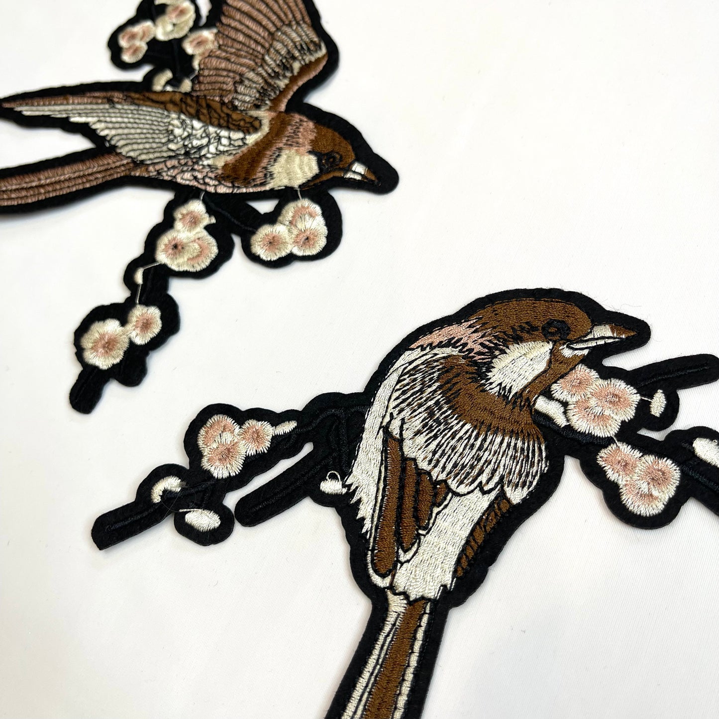 Pair Blossom Birds Iron-On Embroidered Motif