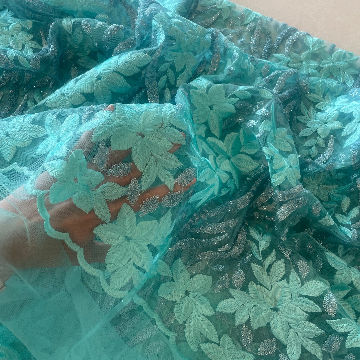 1m sea foam embroidered sequin tulle
