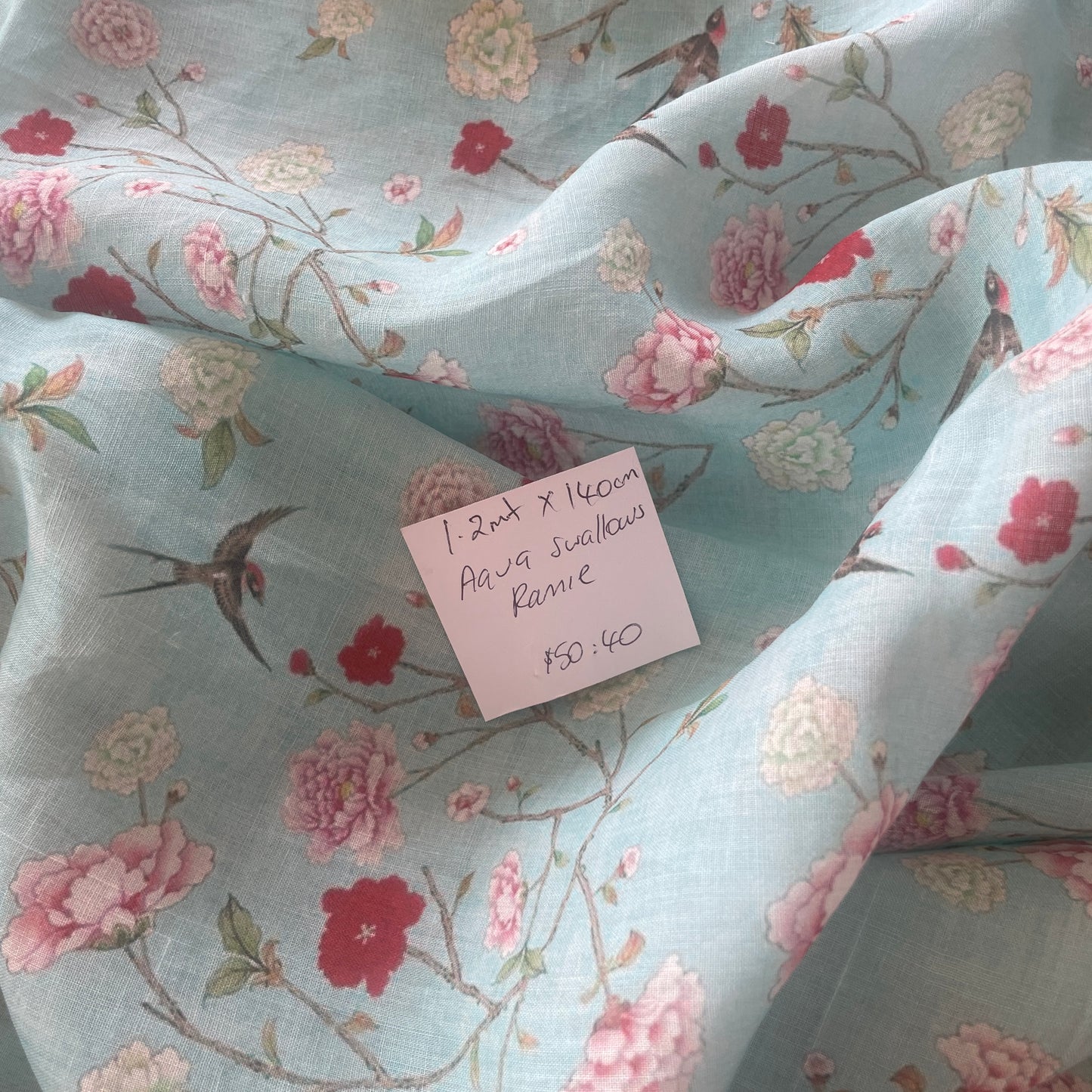1.2m aqua swallows printed Ramie