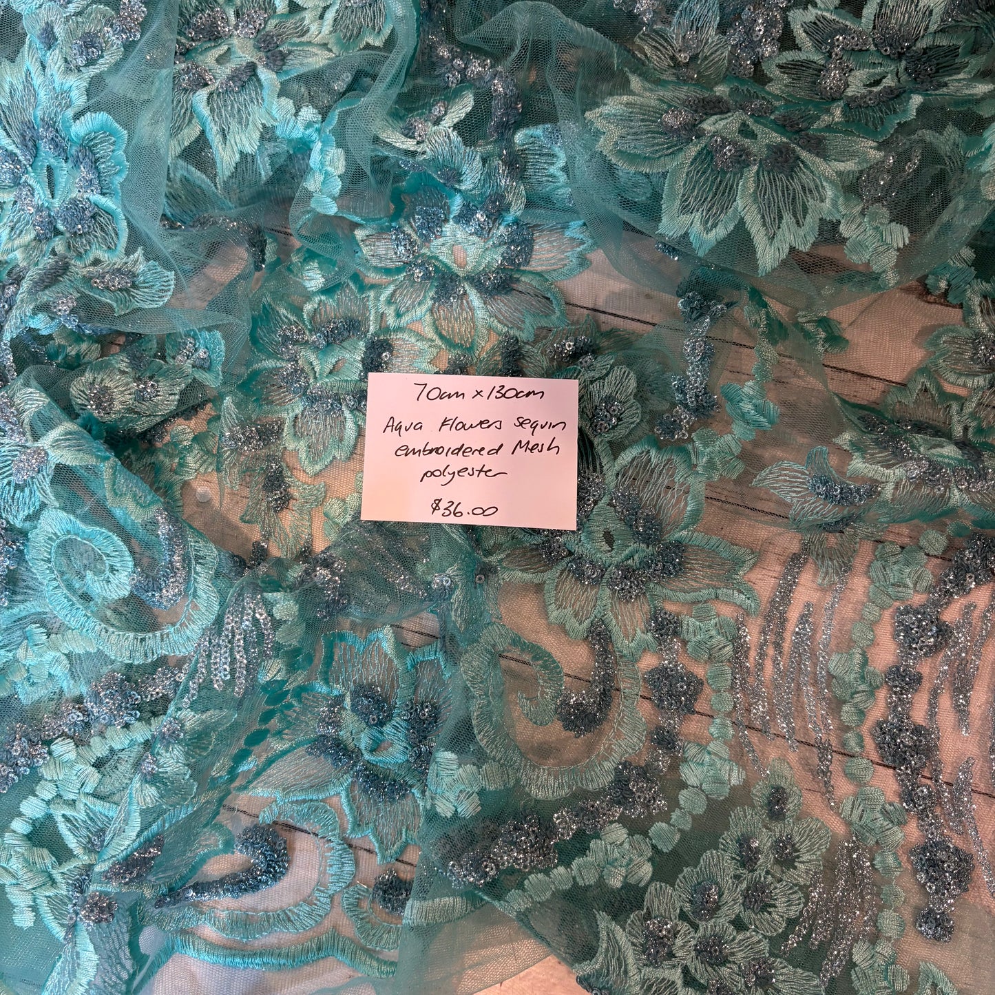 70cm Aqua Flowers Sequin Embroidered Mesh