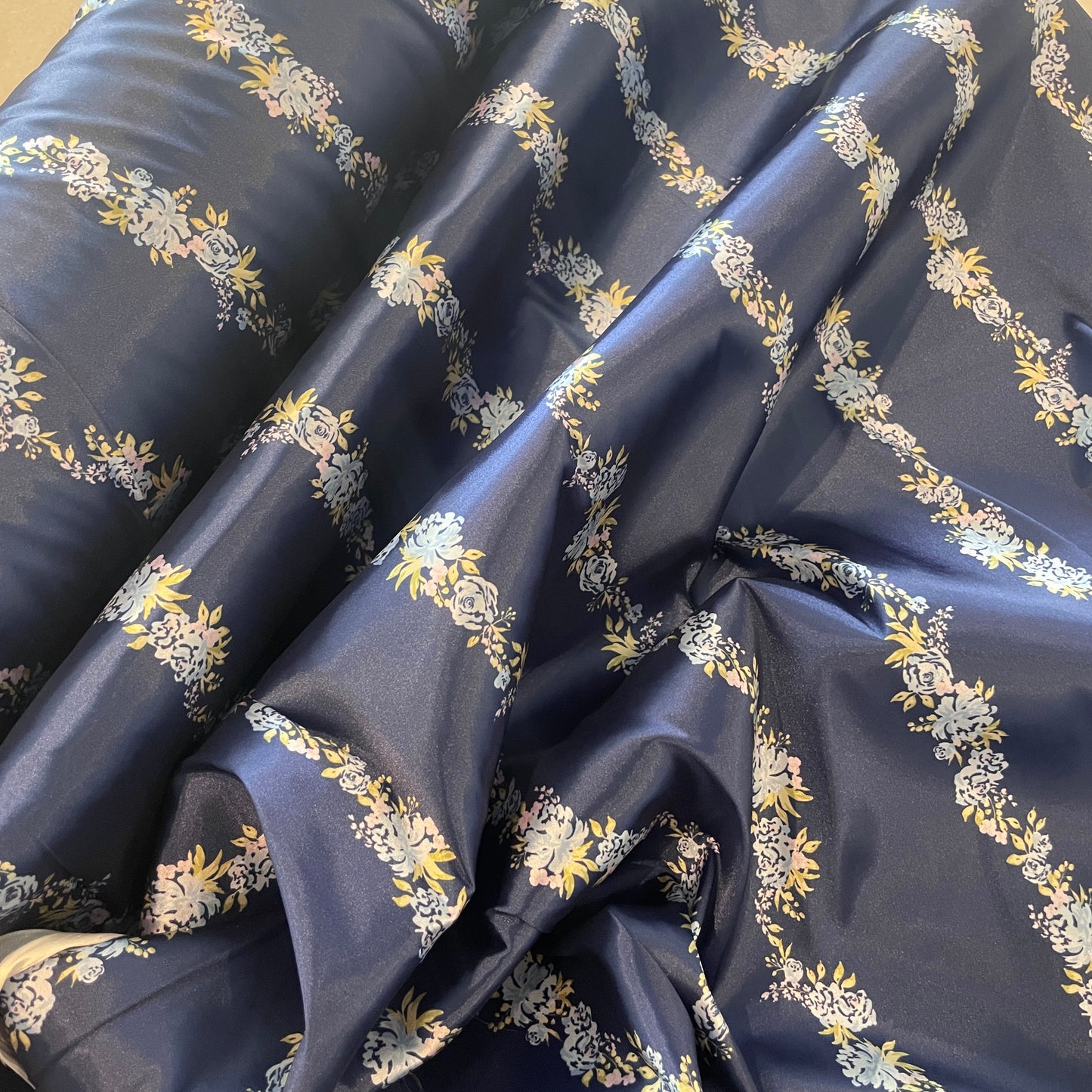 Trocadero blue floral stripe stretch satin