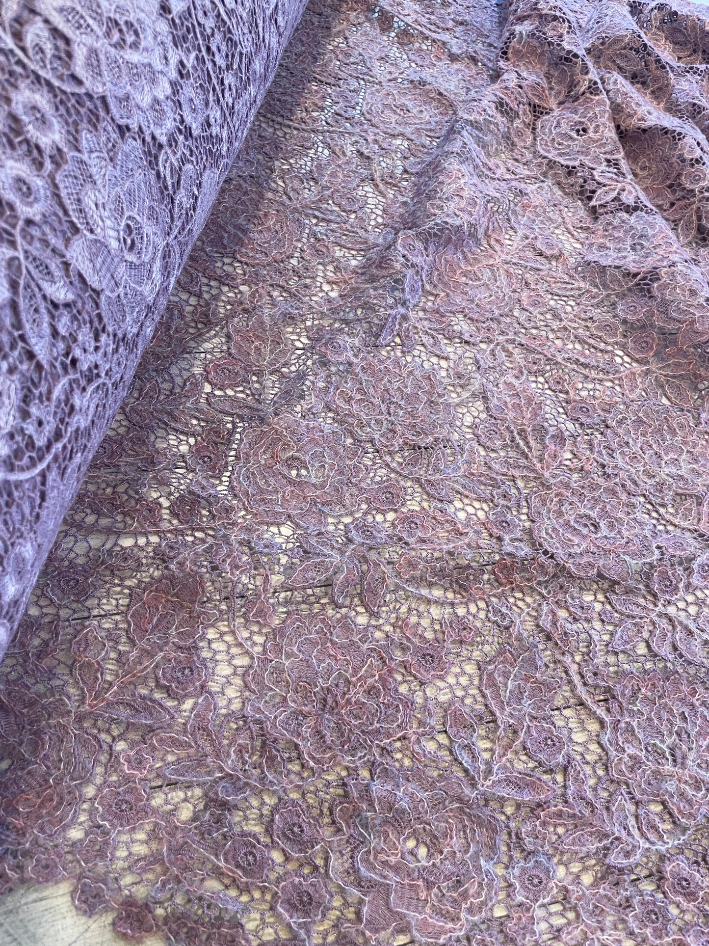 Mauve mist wool embroidered Guipure Lace