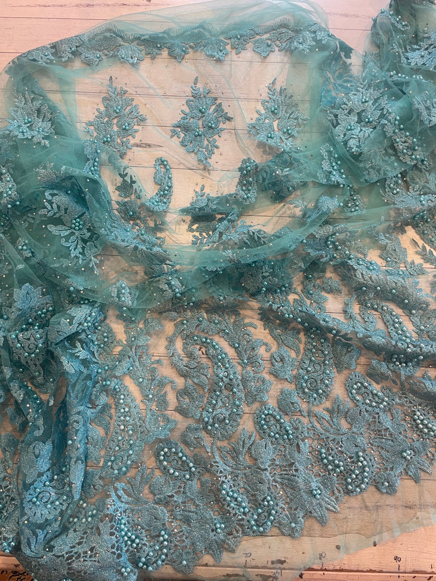 Aqua paisley pearl embroidered beaded tulle