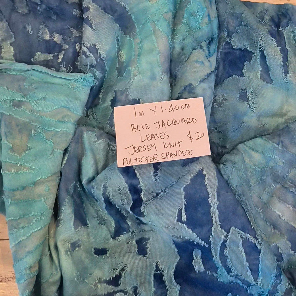 1m Blue jacquard leaves jersey knit