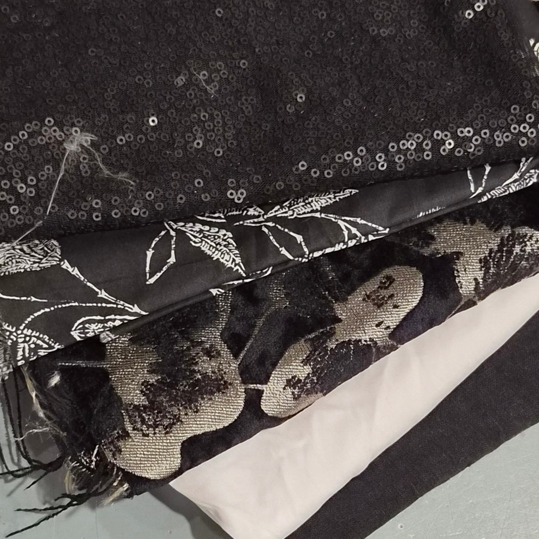 8. 5 pieces assorted cotton, brocade ,viscose satin, sequin mesh