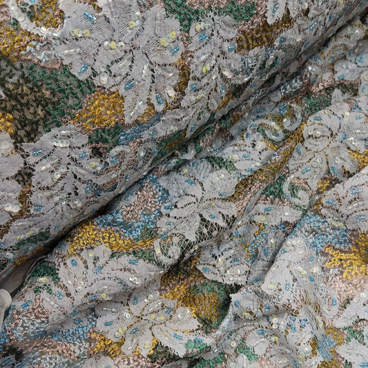 Ocean leaves Embroidered beaded Sequin mesh