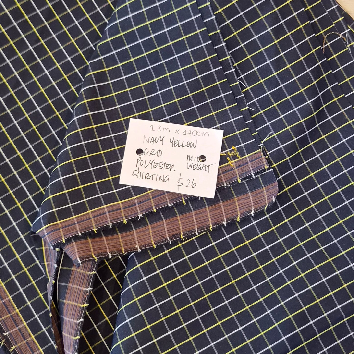 1.3m Navy yellow grid polyester shirting