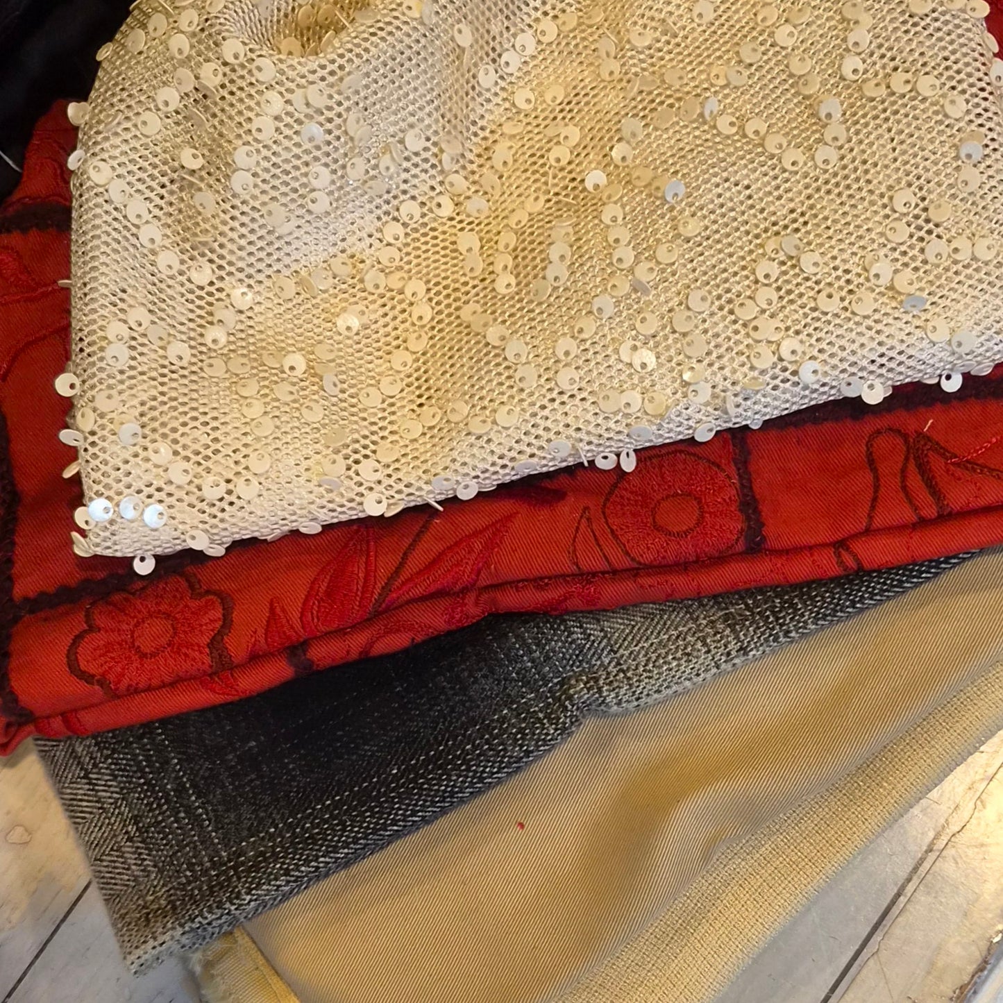 9. 5 pieces assorted embroidered cotton, sequin and cotton drill