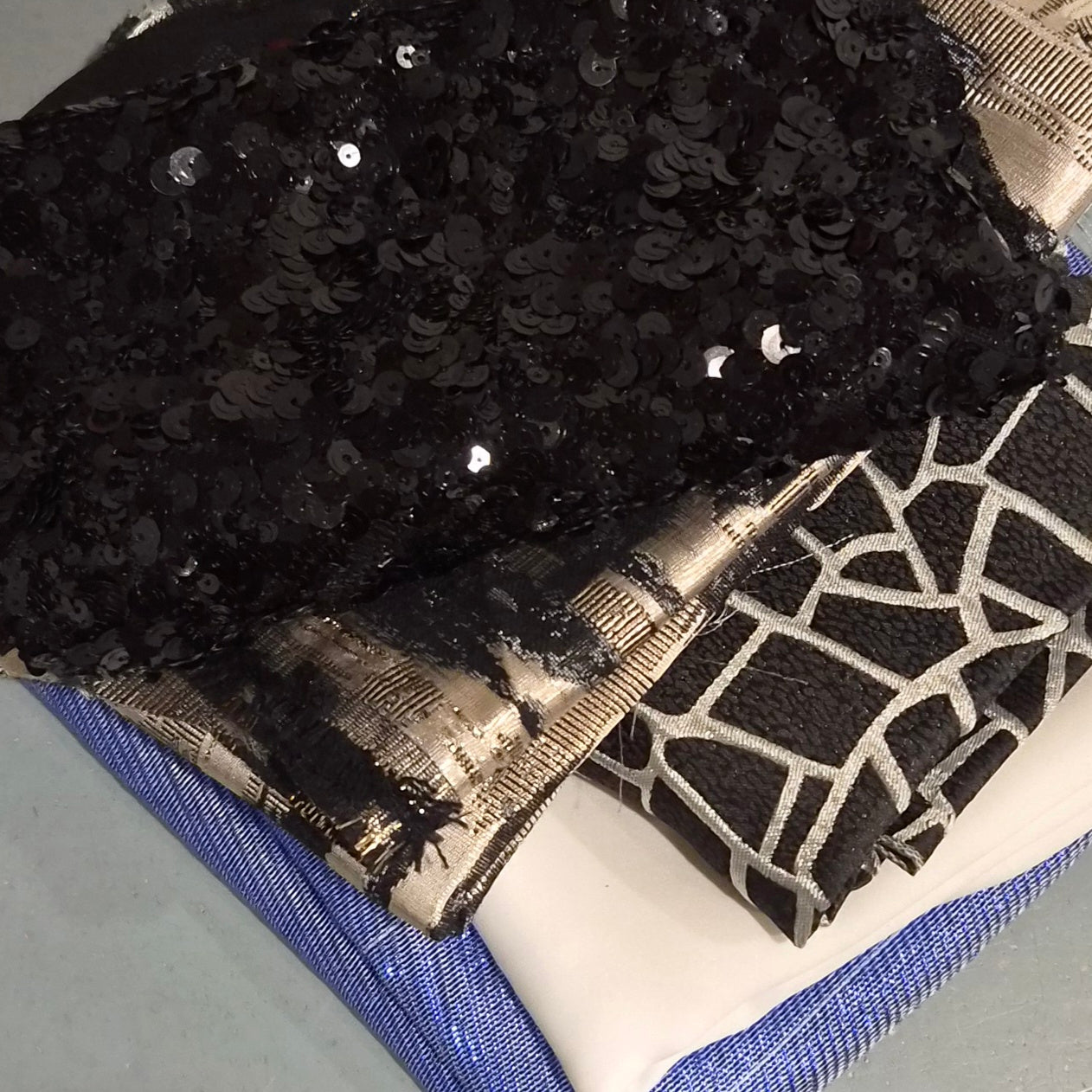 40. 5 pieces assorted brocade, sequin mesh and satin