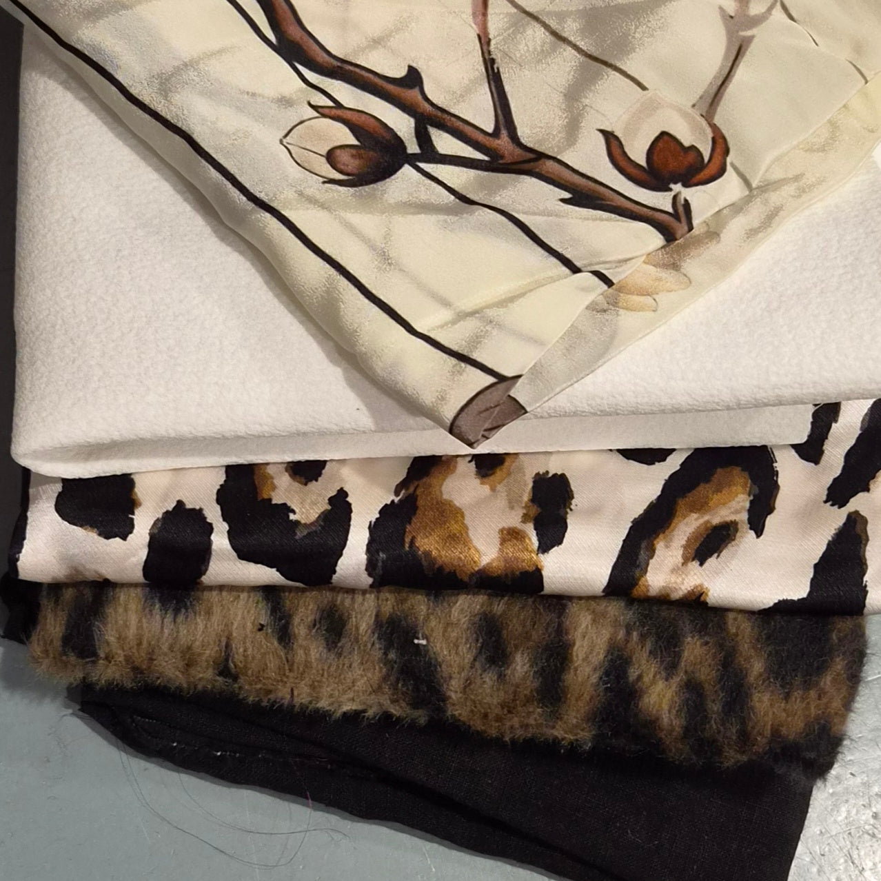 9. 5 pieces assorted, viscose satin, faux fur, suiting, linen