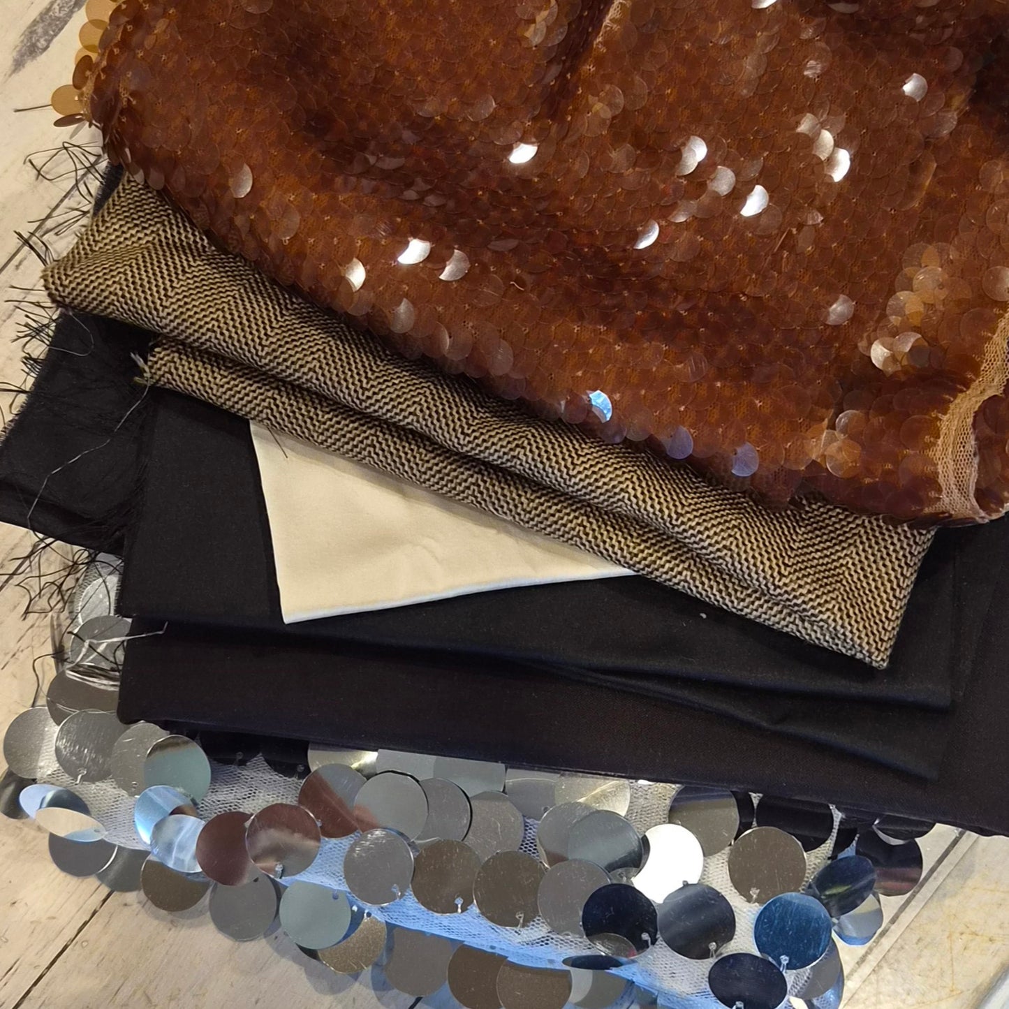 12. 6 pieces assorted sequin, suiting and taffeta