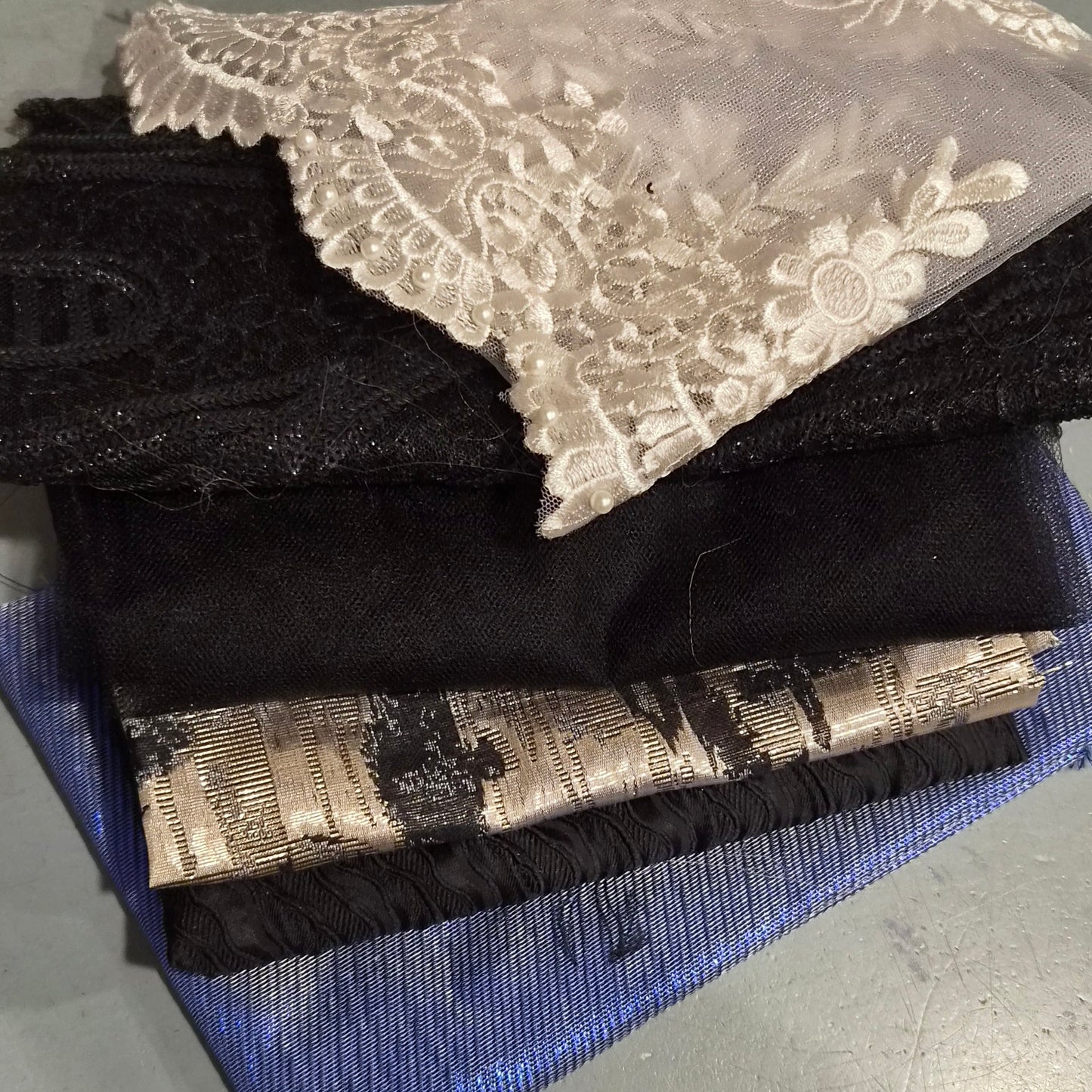 41. 5 pieces assorted brocade, sequin mesh and gupuire lace mesh